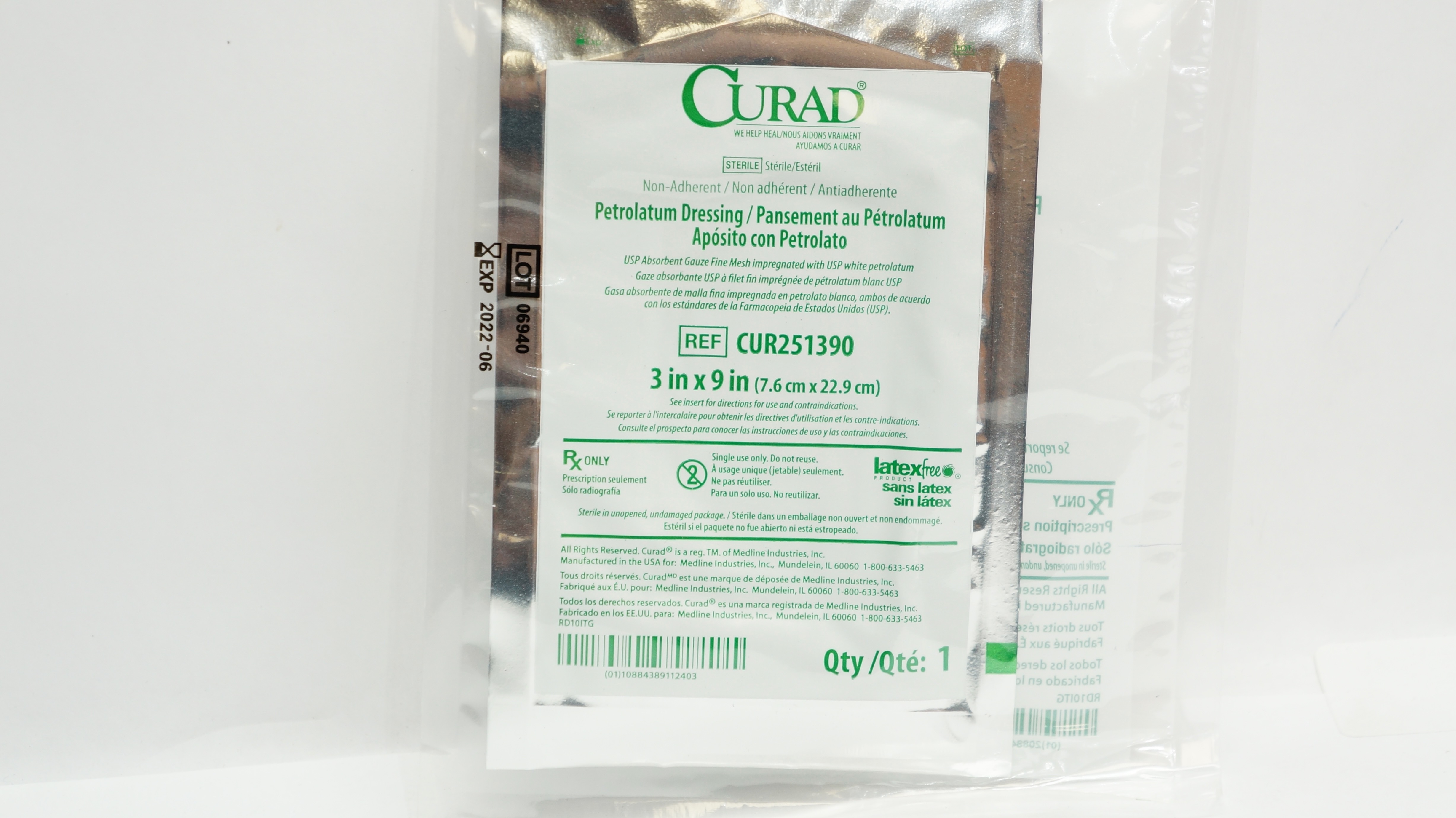 Medline CUR251390W Curad Petrolatum Dressing in Overwrap 3inch x 9inch (x)