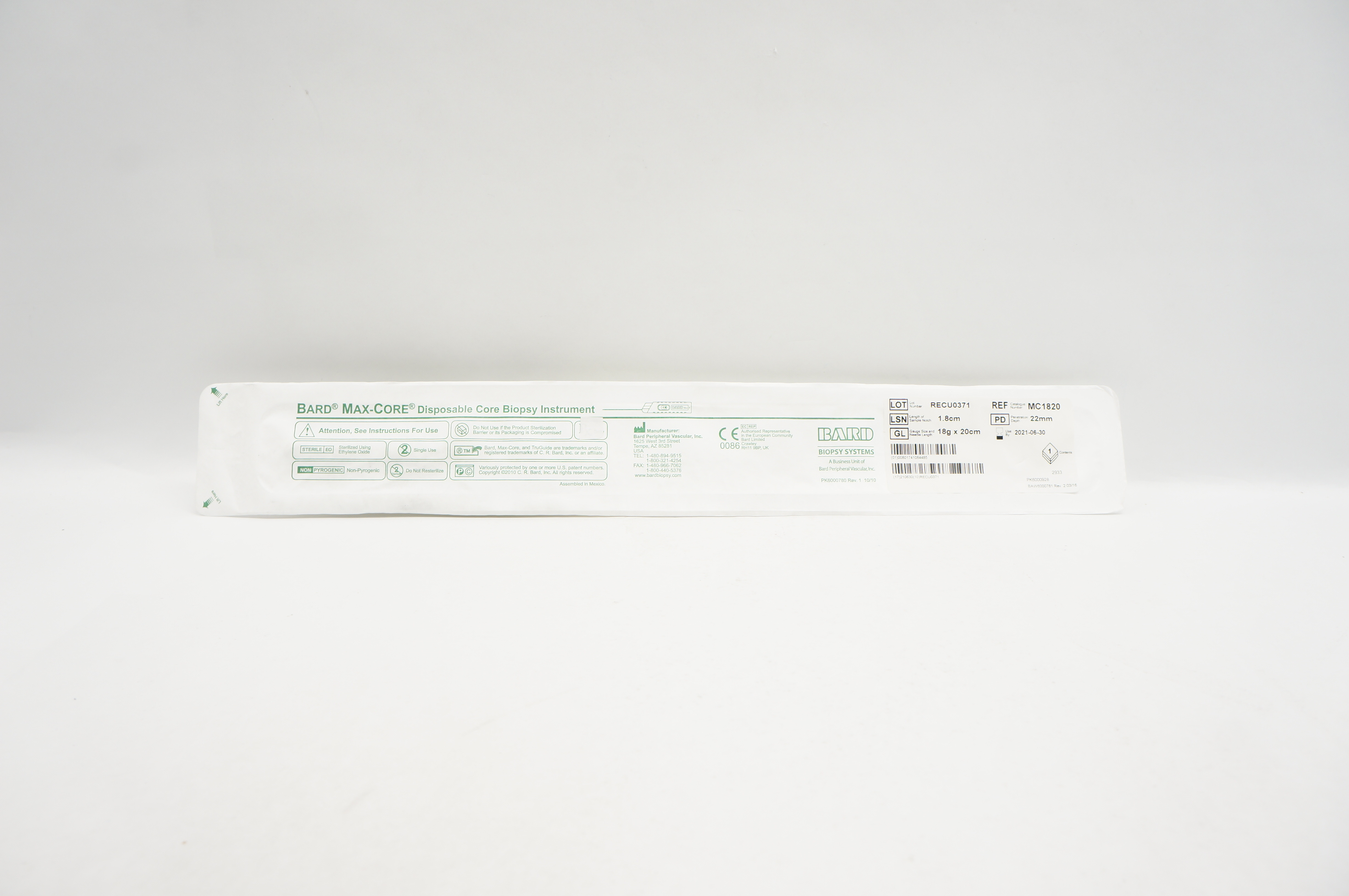 Bard MC1820 Max-Core Disposable Core Biopsy Instrument 1.8cm x 18g x 20cm (x)