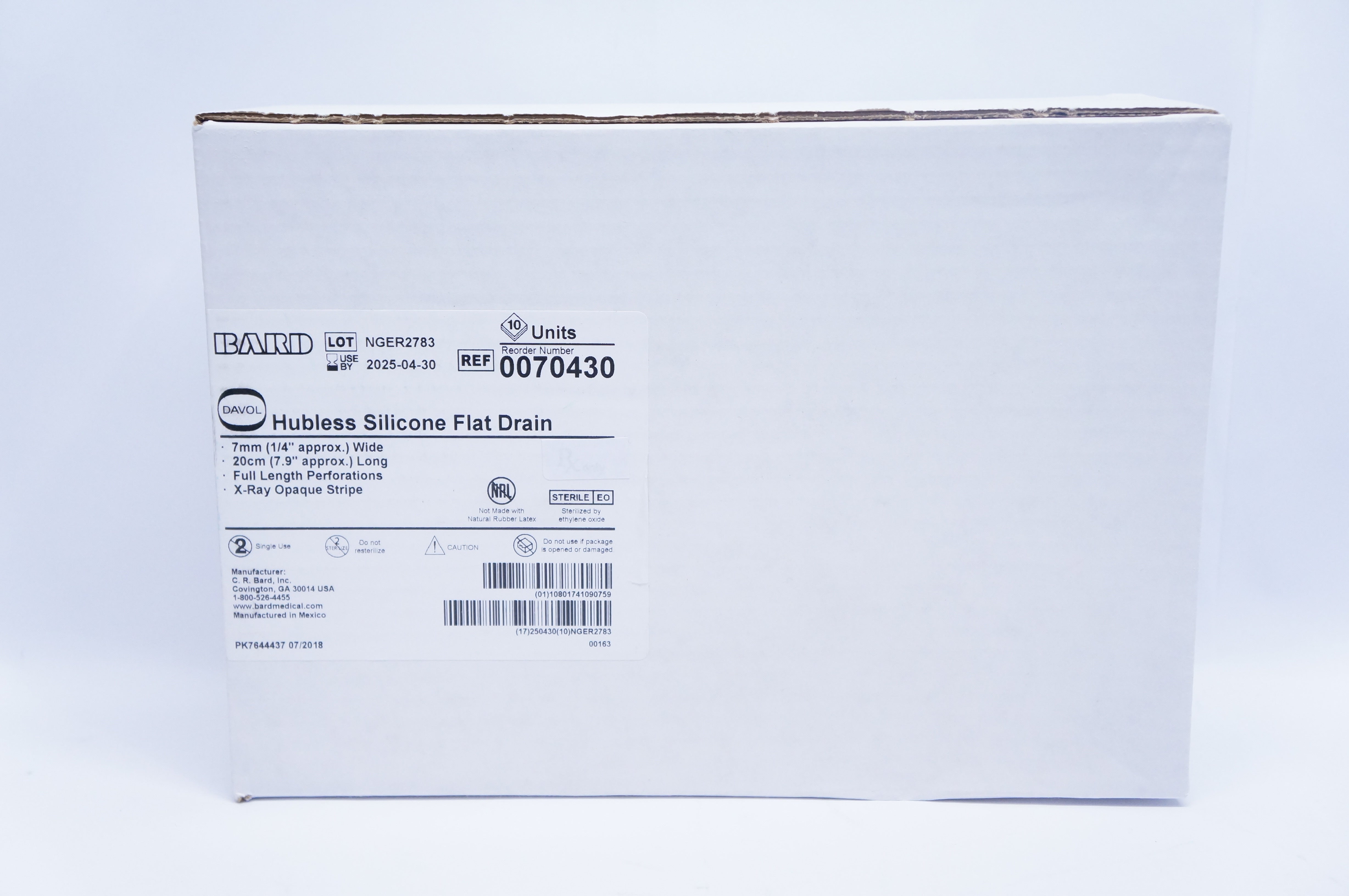 Bard 0070430 Davol Hubless Silicone Flat Drain 7mm x 20cm - Box of 10