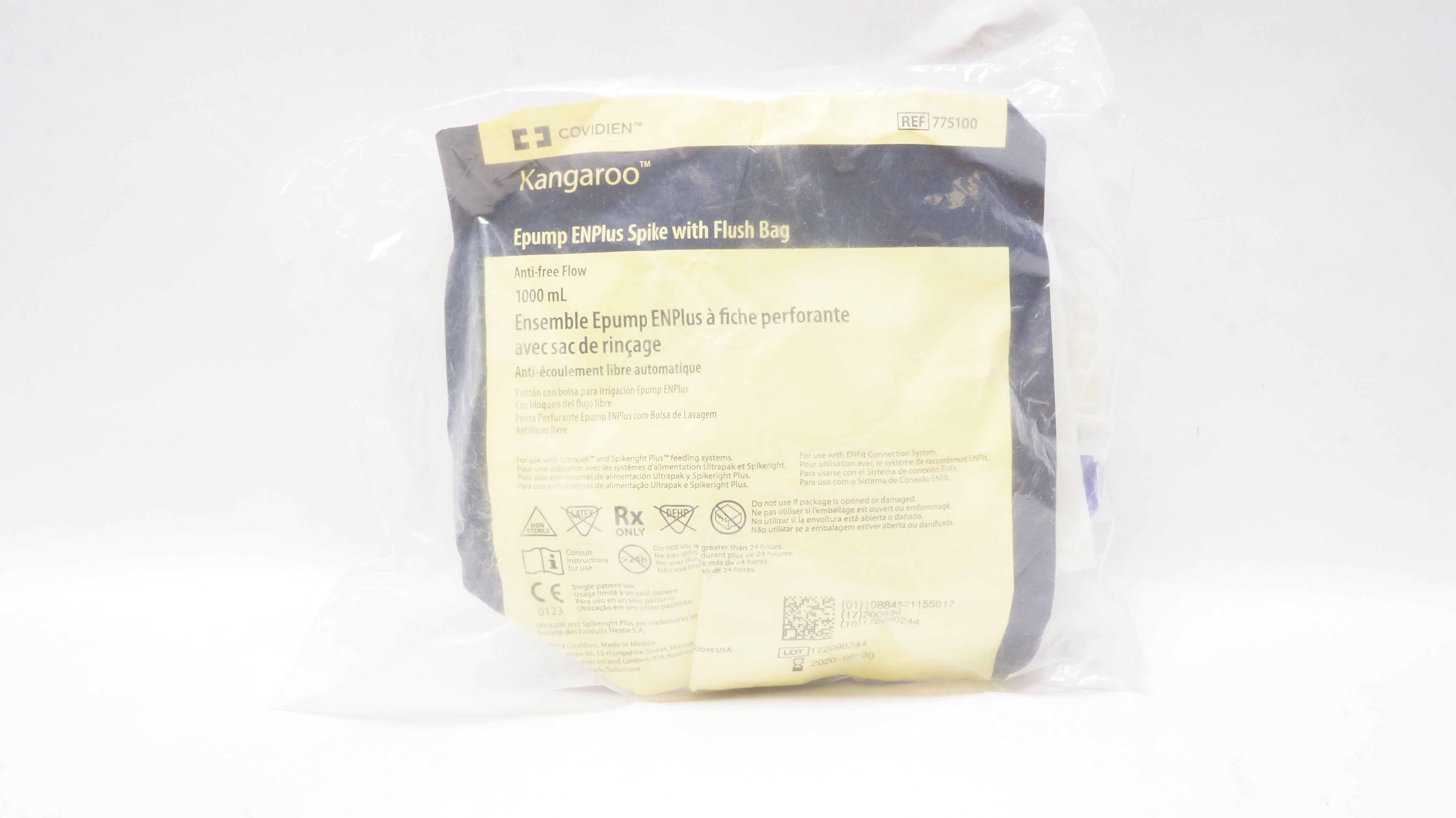 Covidien 775100 Kangaroo Epump ENPlus Spike w Flush Bag Anti-free Flow 1000mL(x)