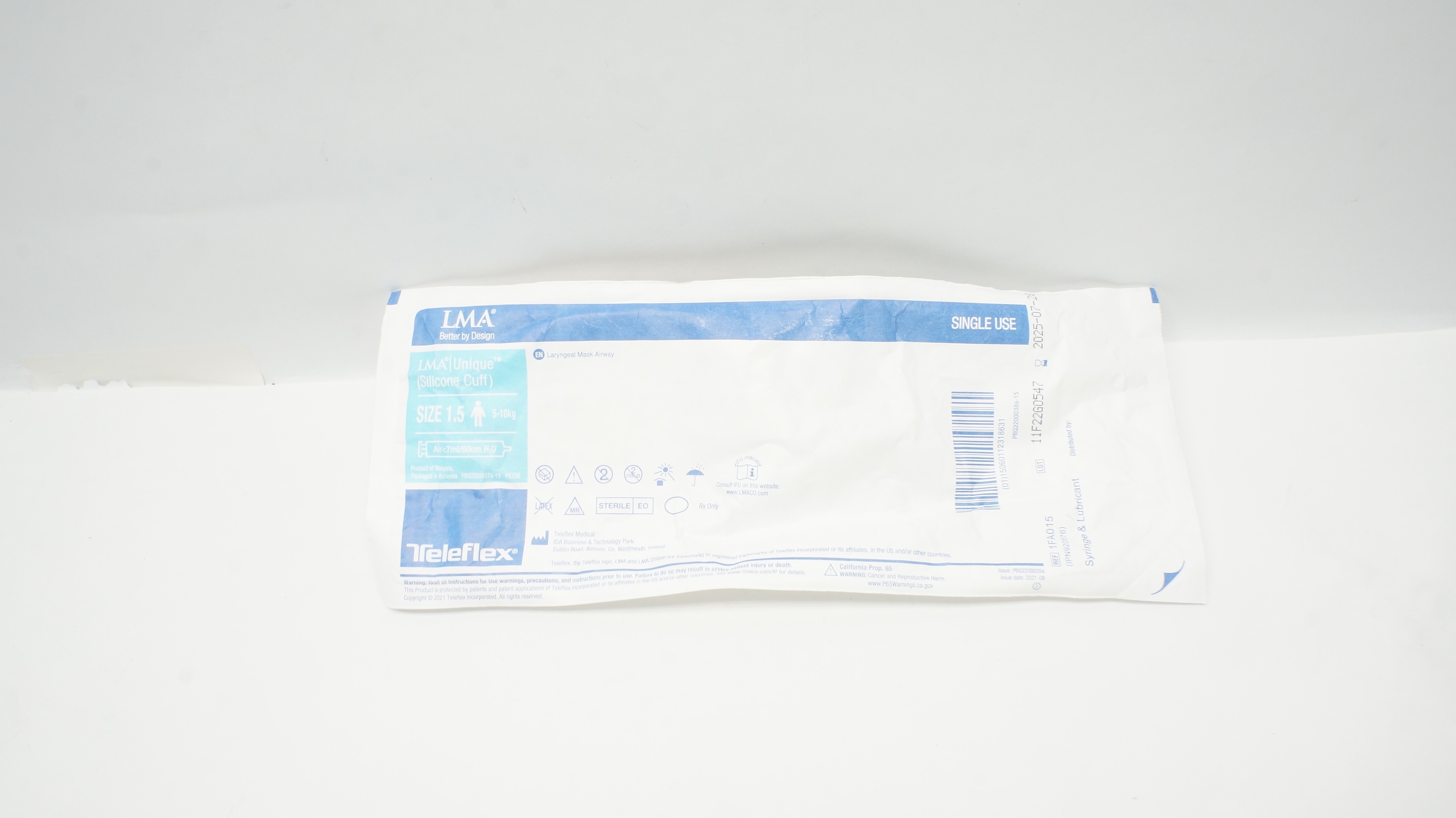 Teleflex 1FA015 LMA Laryngeal Mask Airway Size 1.5 5-10kg Air <7ml/60cm H2O