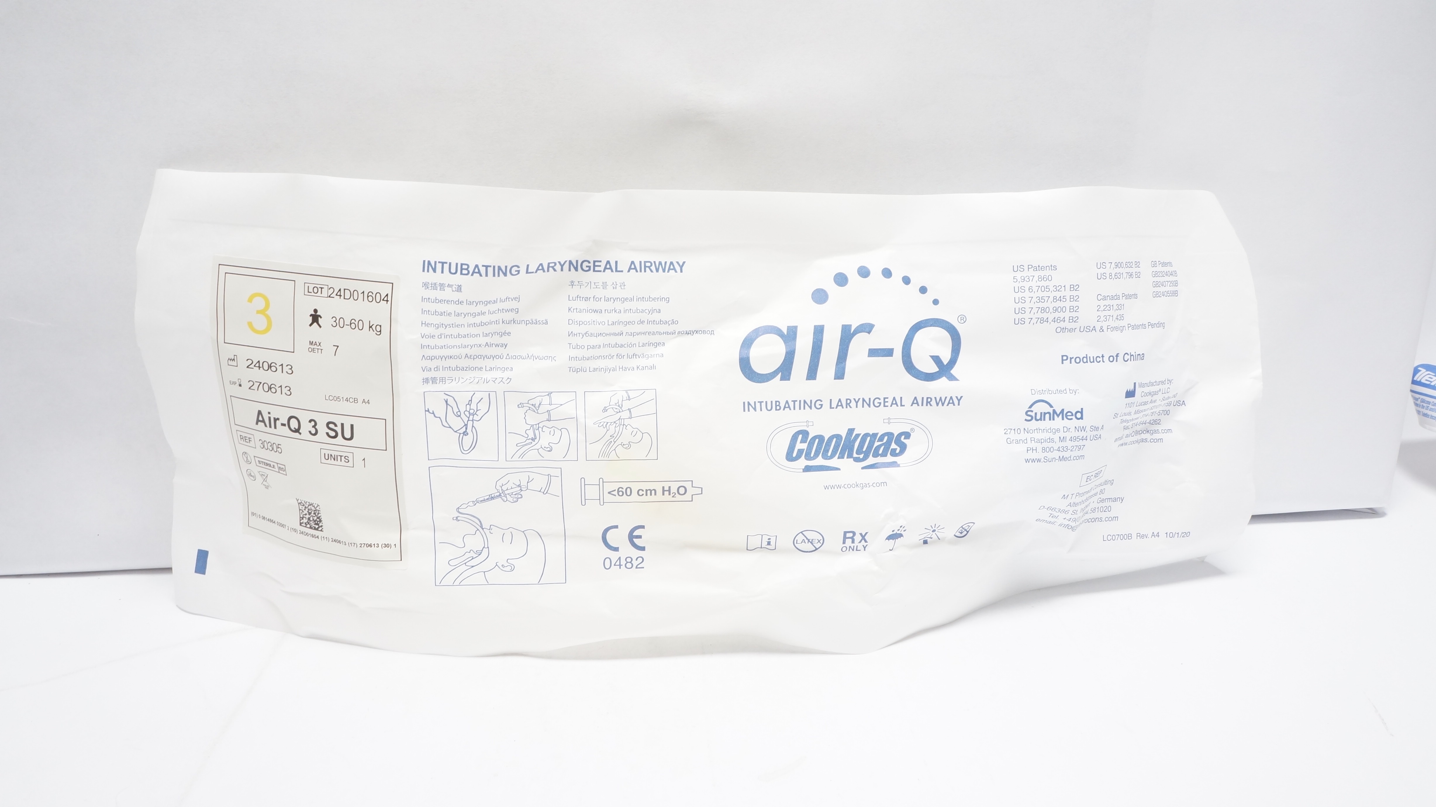 CookGas 30305 air-Q 3 SU Intubating Laryngeal Airway Size 3, 30-60kg