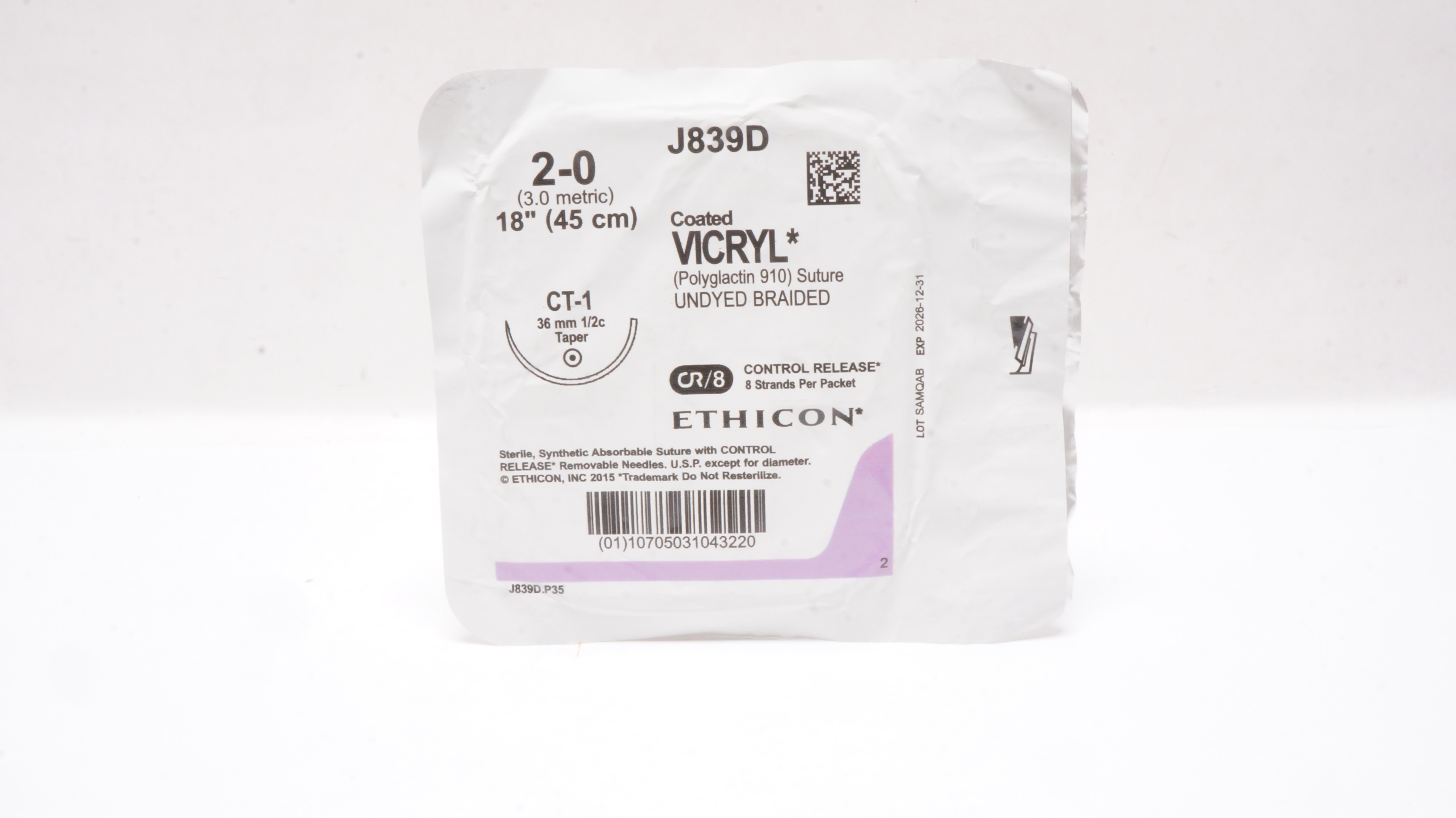 Ethicon J839D 2-0 Coated VICRYL Polyglactin Stre CT-1 36mm 1/2c Taper 18 inch