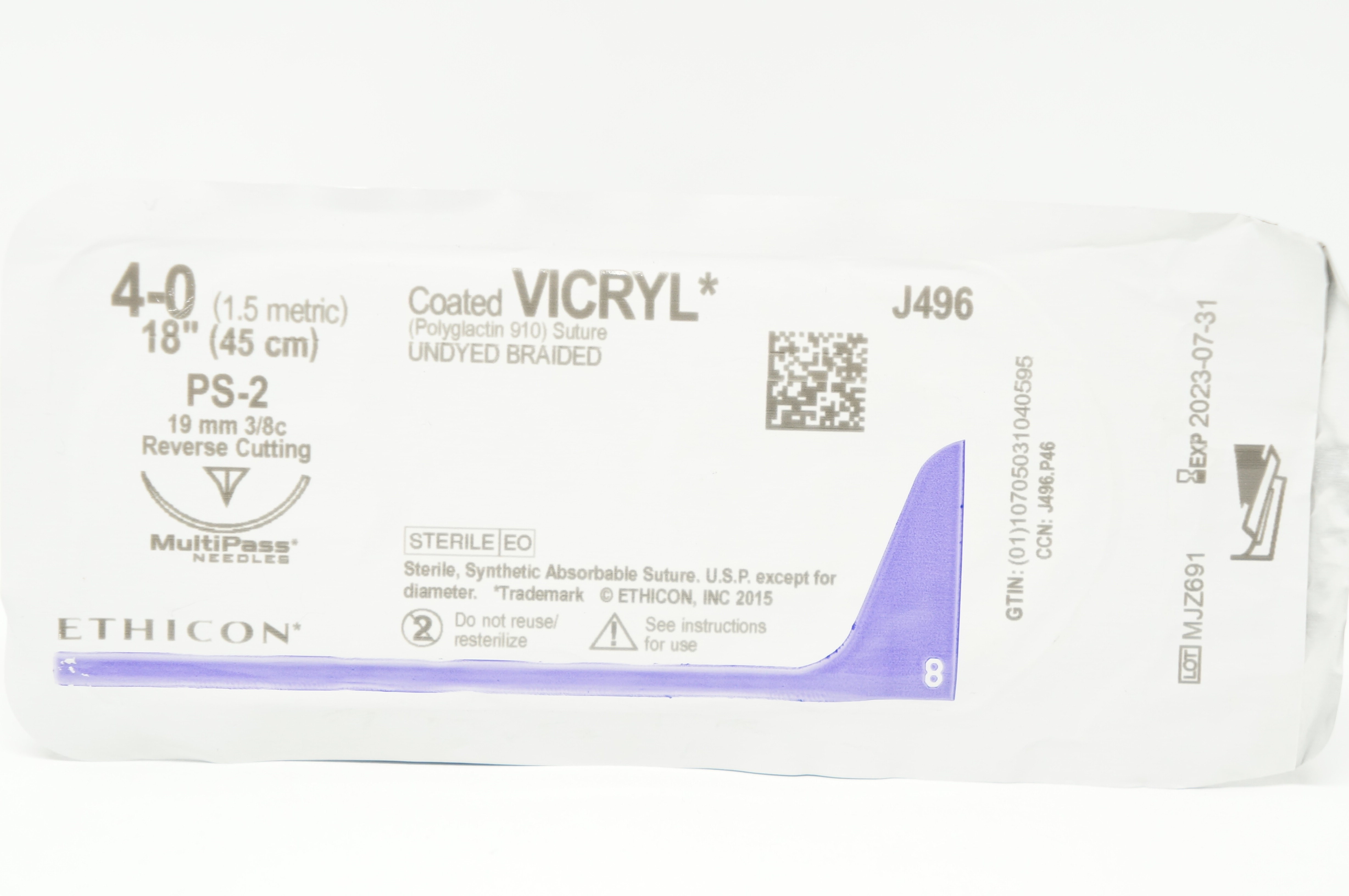 Ethicon J496 4-0 Coated VICRYL Stre PS-2 19mm 3/8c Reverse Cutting 18inch