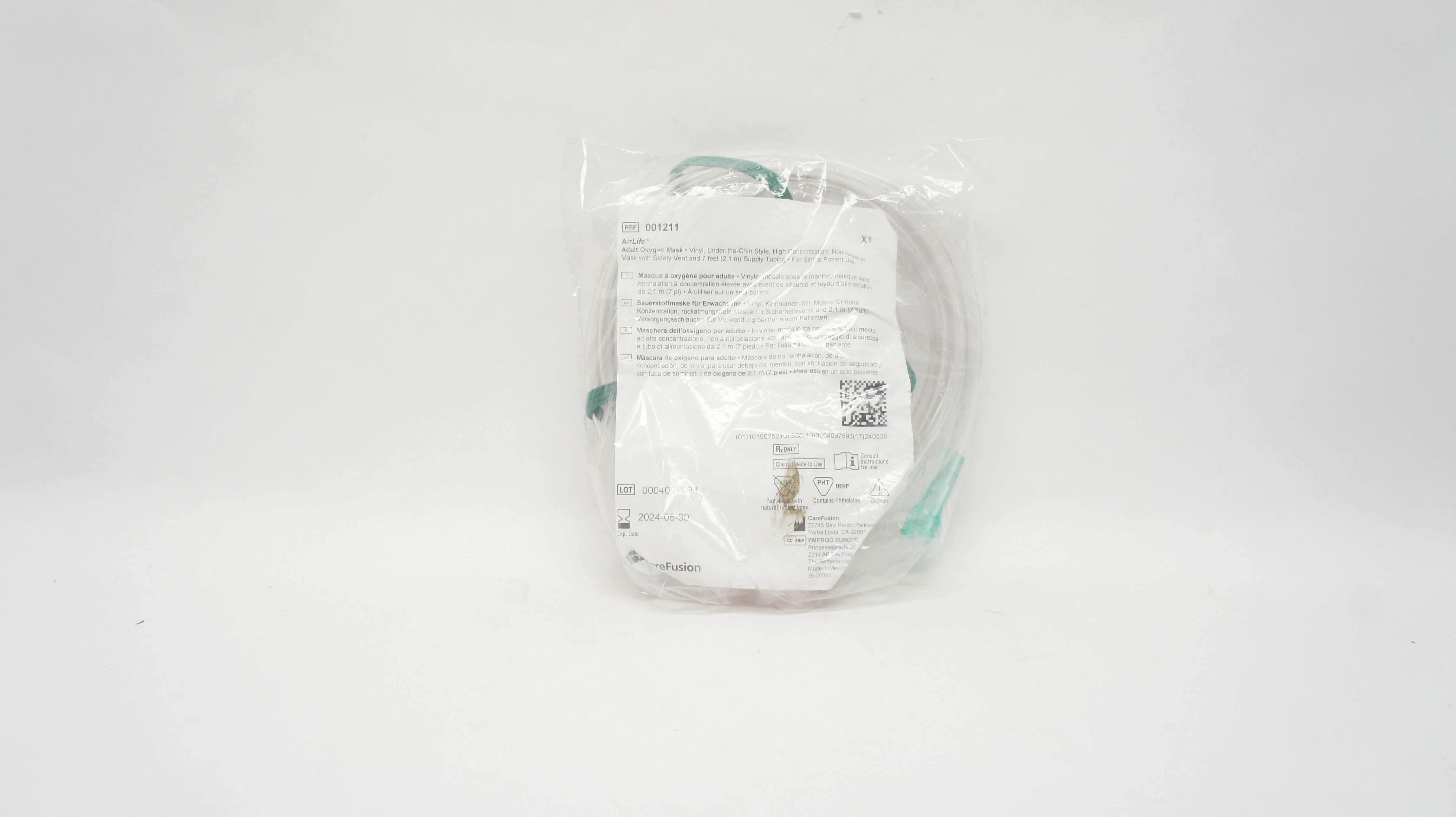 CareFusion 001211 AirLife Adult Oxygen Mask with Safety Vent & 7ft. Tubing