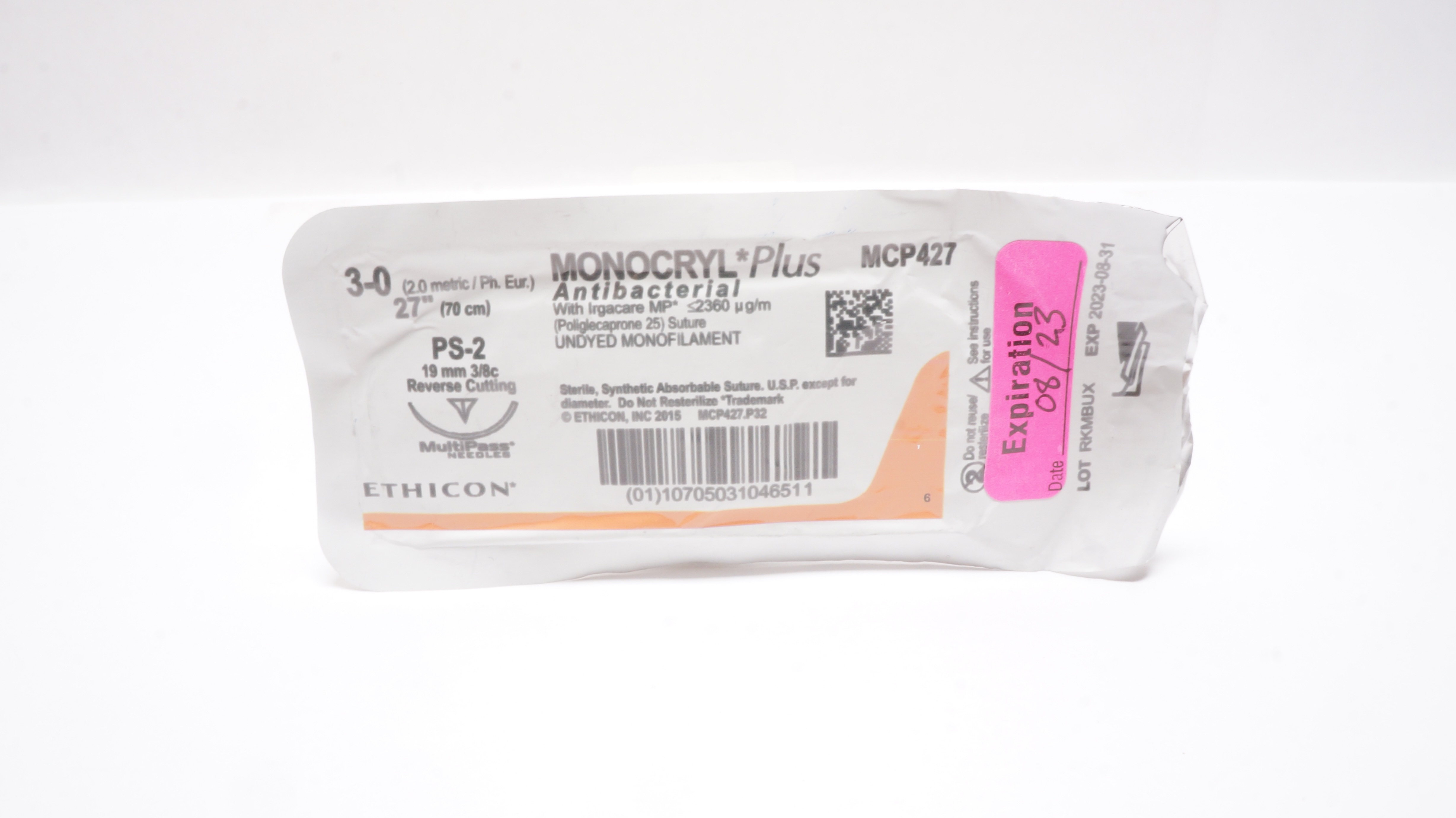 Ethicon MCP427 3-0 Monocryl Plus, PS-2, 19mm 3/8c Reverse Cutting, 27inch