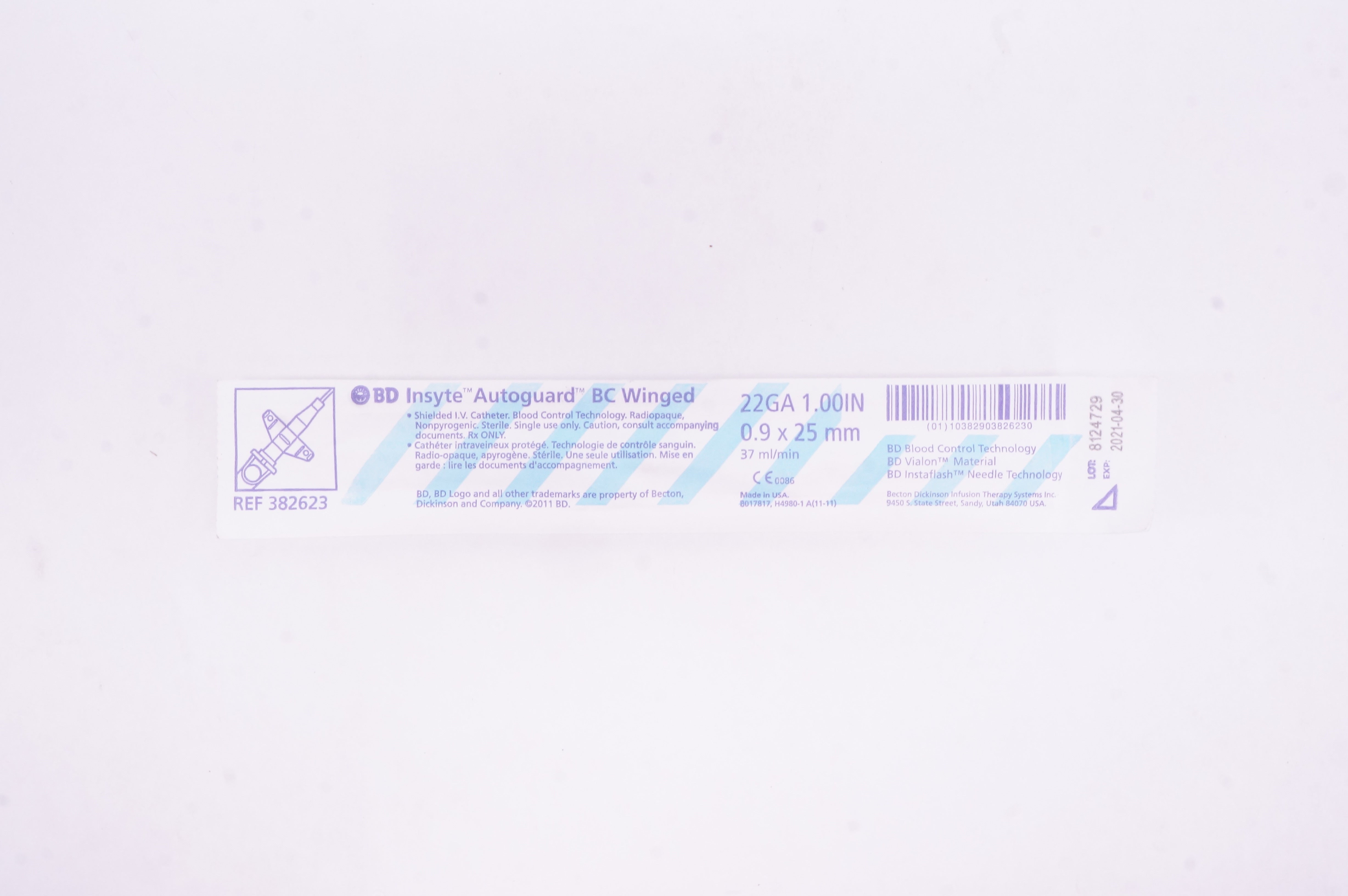 BD 382623 Insyte Autoguard BC Winged 22GA x 1inch, 37 ml/min