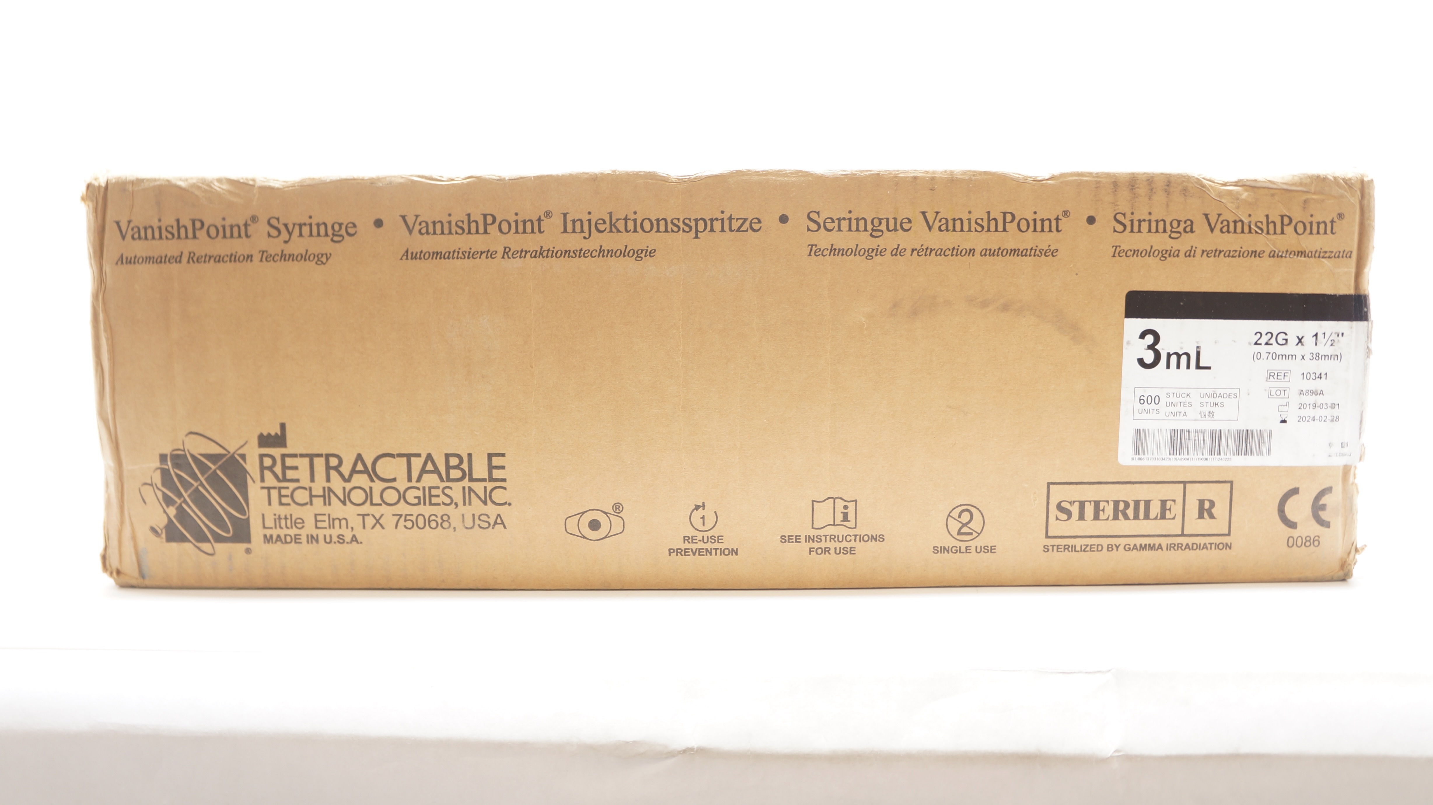 Retractable 10341 VanishPoint Syringe 3ml 22G x 1-1/2 inch - Box of 600