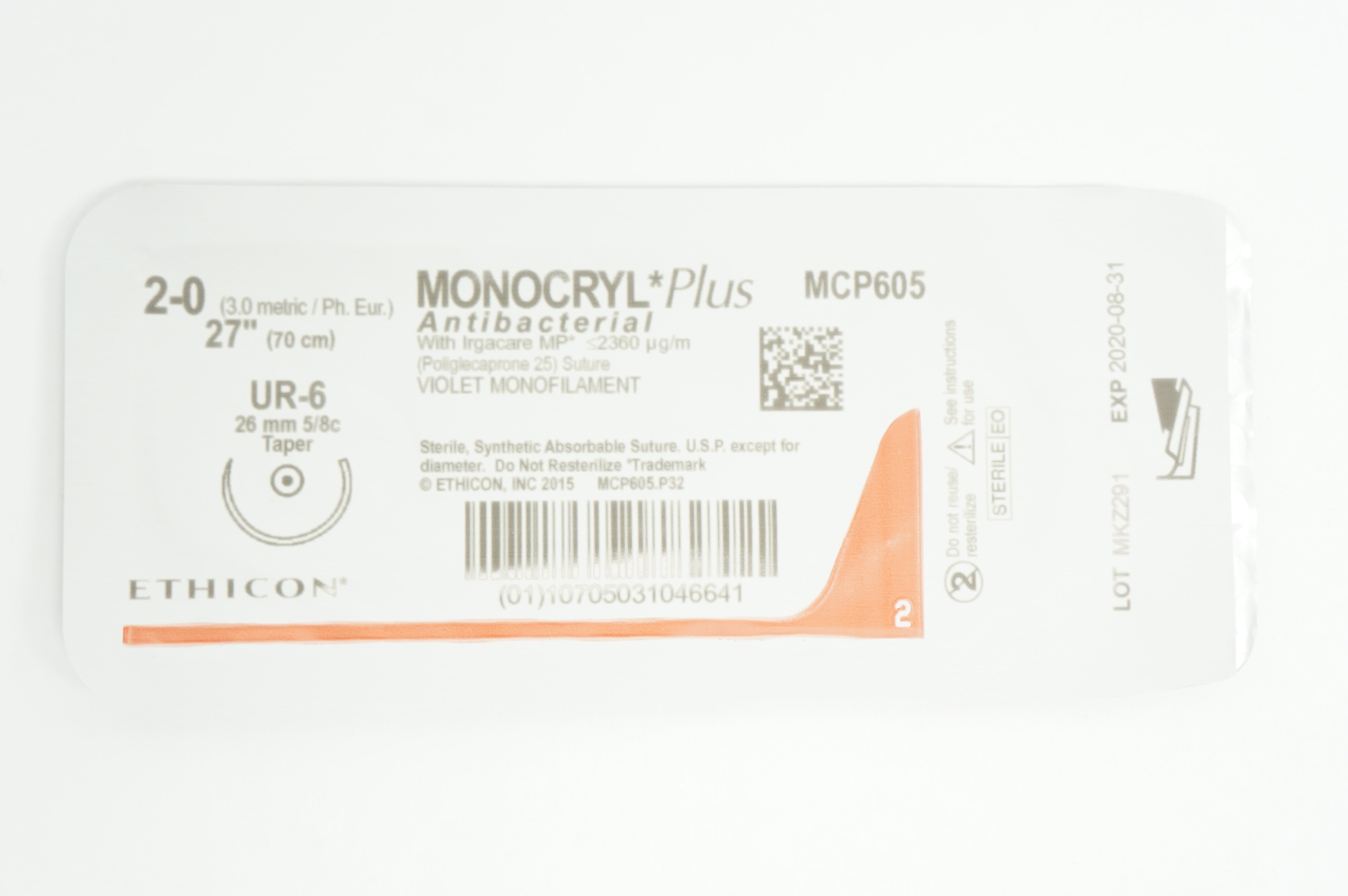 Ethicon MCP605 2-0 MONOCRYL Plus UR-6, 26mm 5/8c Taper, 27inch (x)
