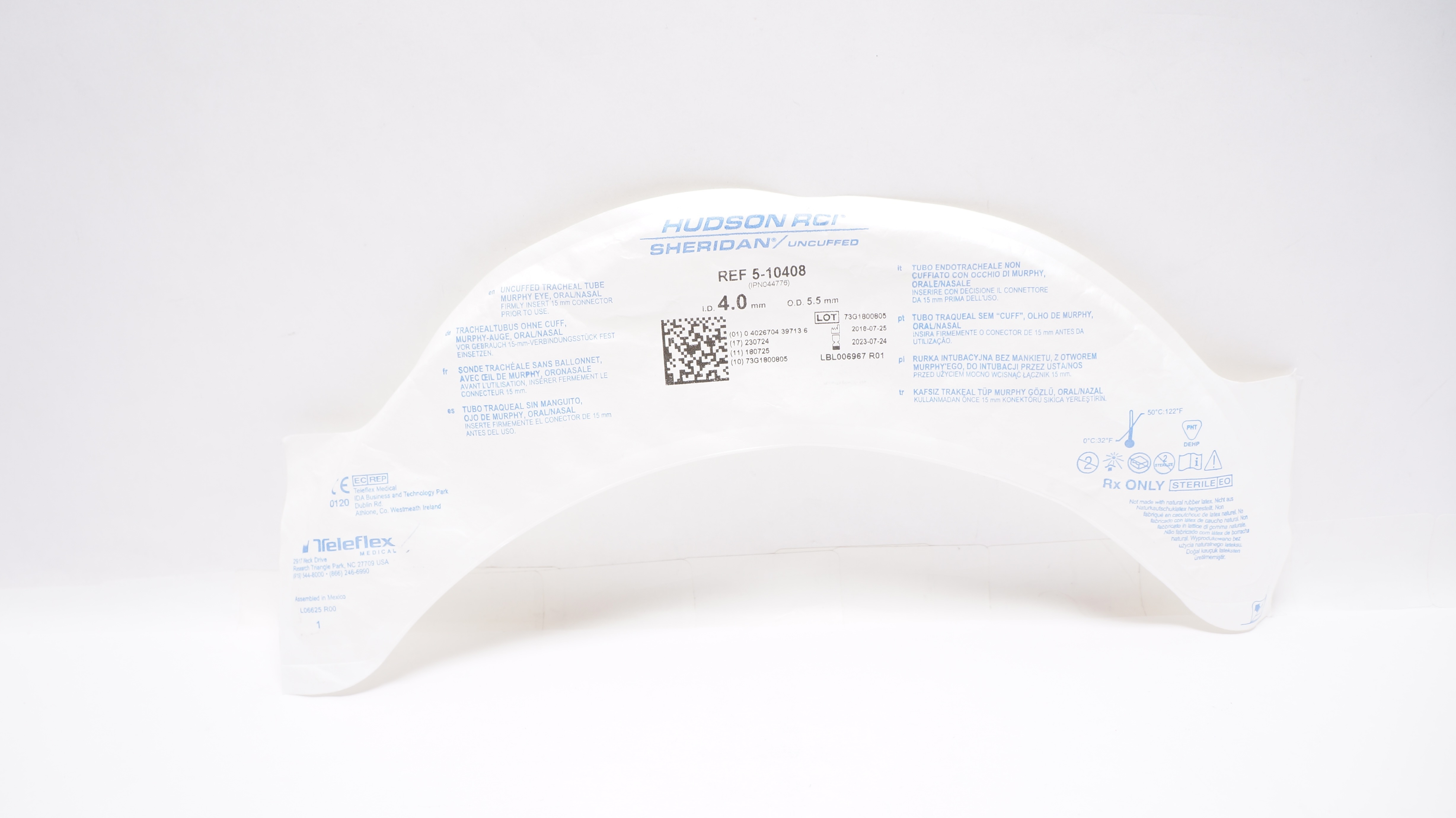 Teleflex 5-10408 Hudson RCI Sheridan Uncuffed Tracheal Tube 4.0mm x 5.5mm