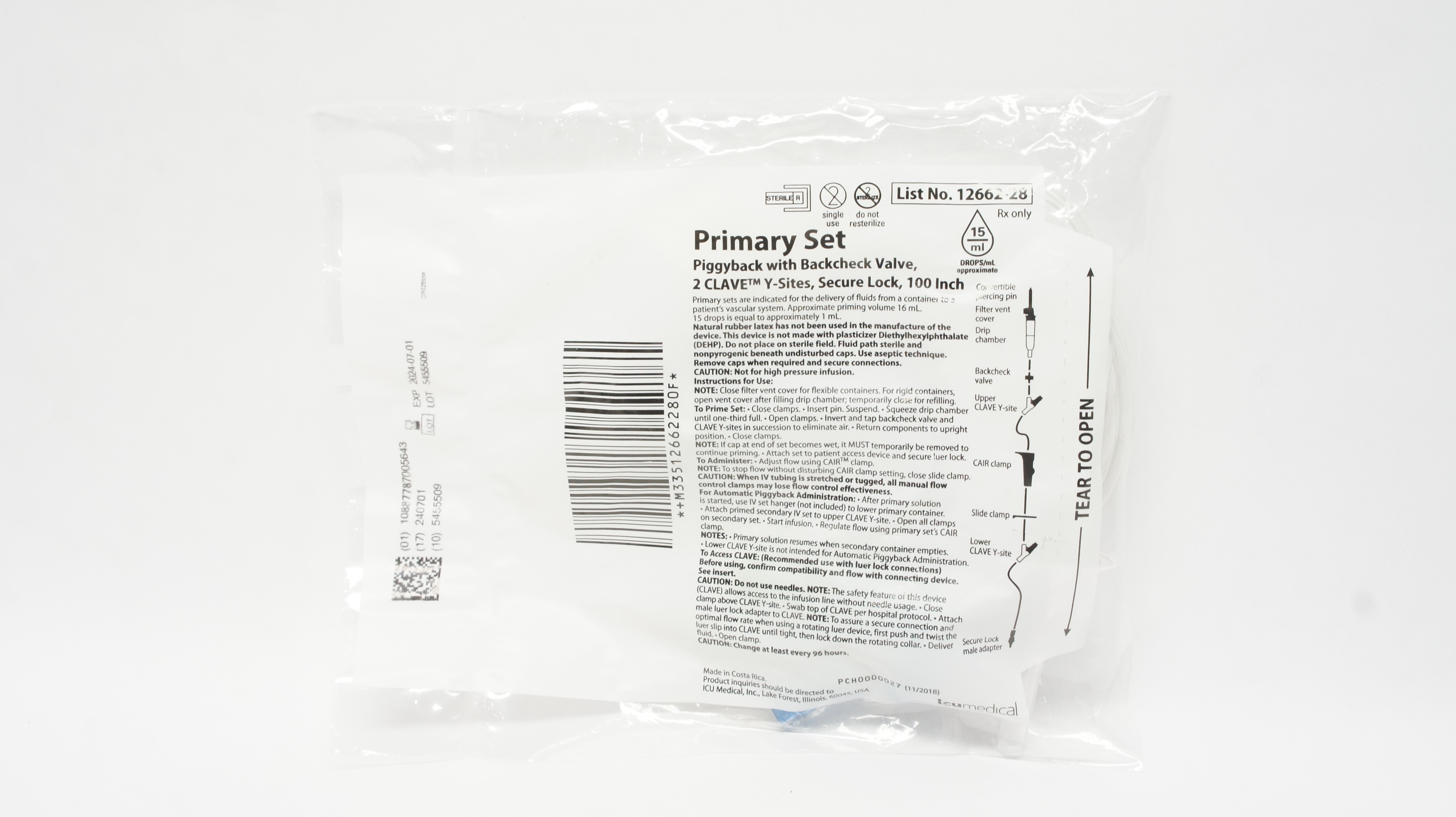 IcuMedical 12662-28 Primary Set Piggyback 2 Clave Y-Sites Secure Lock, 100 Inch