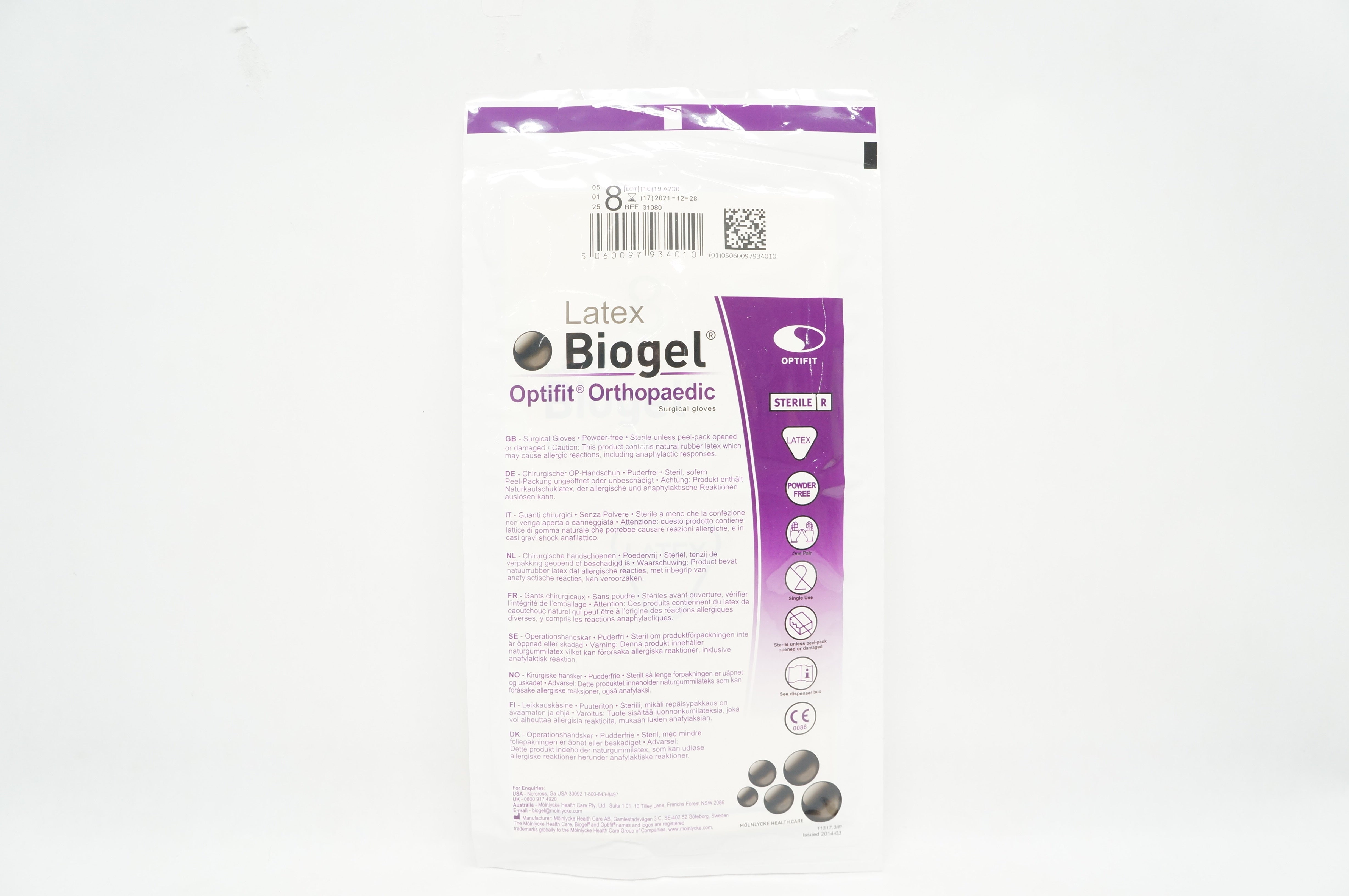 Molnlycke Health Care 31080 Biogel Optifit Orthopaedic Surgical Gloves Size 8(x)