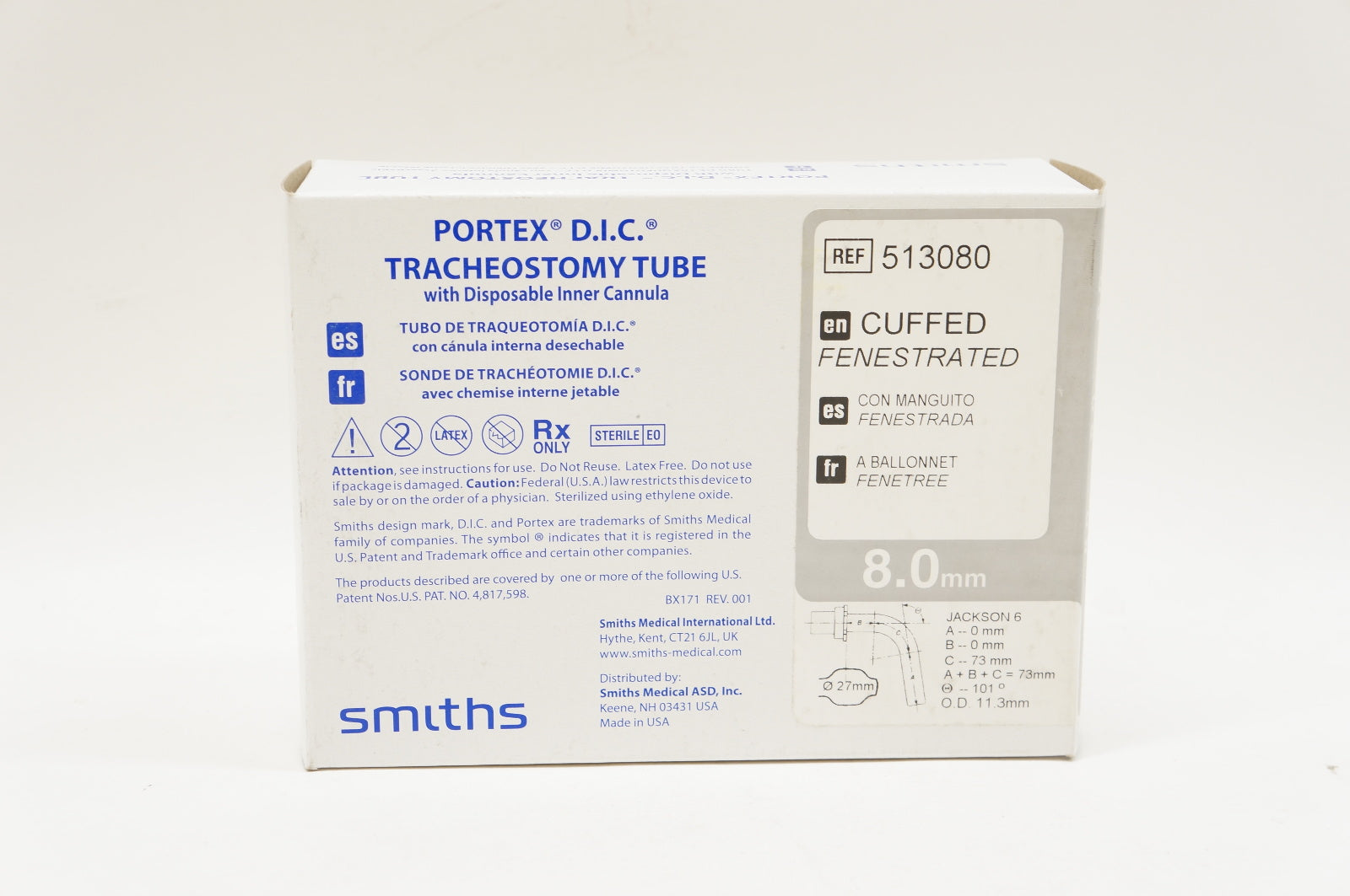 Smiths Medical 513080 PORTEX D.I.C. Tracheostomy Tube 8.0mm (x)