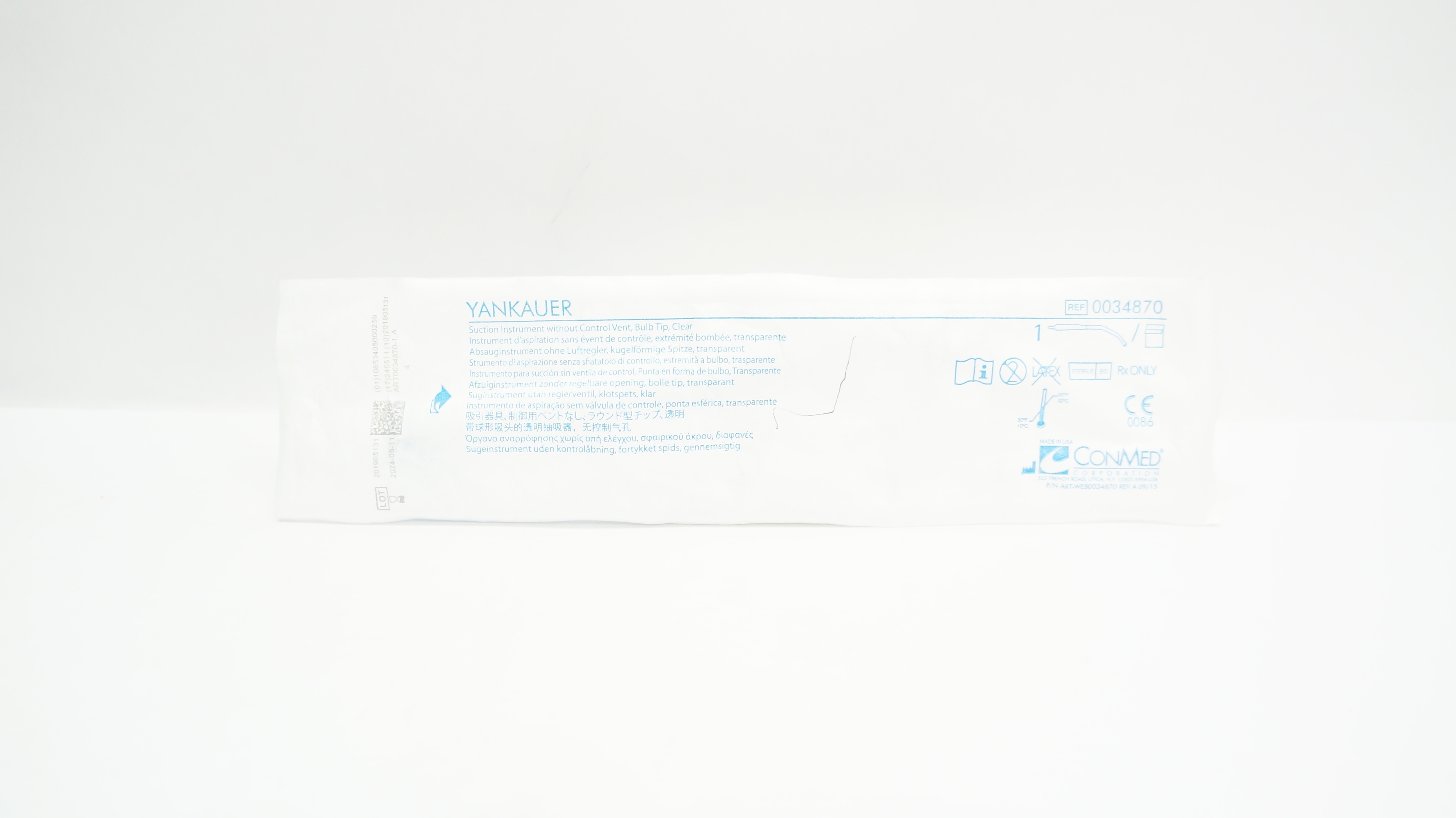 ConMed 0034870 Yankauer Suction Instrument without Control Vent, Bulb Tip, Clear