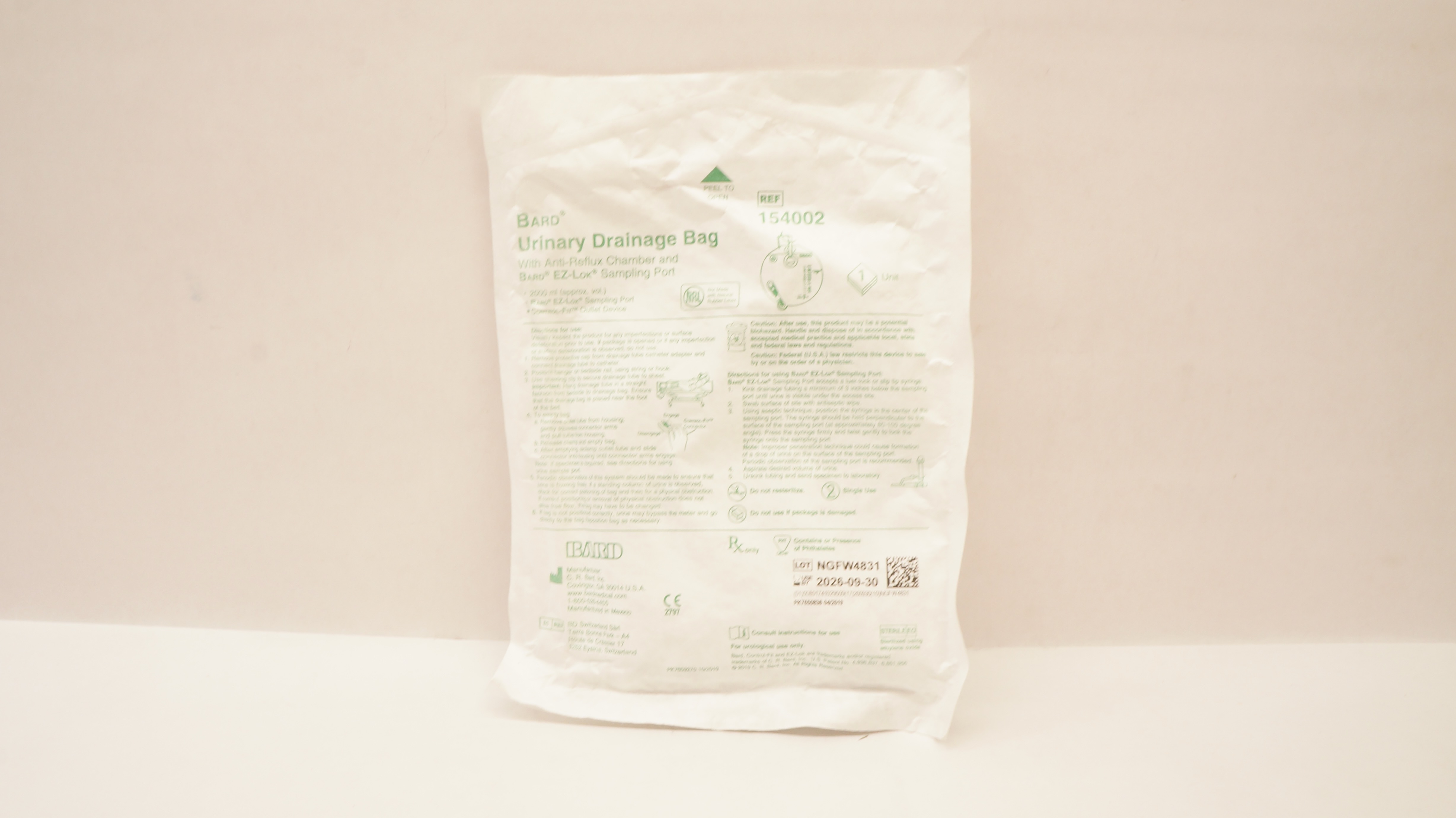 Bard 154002 Urinary Drainage Bag with Anti-Reflux Chamber & Sampling Port 2000mL