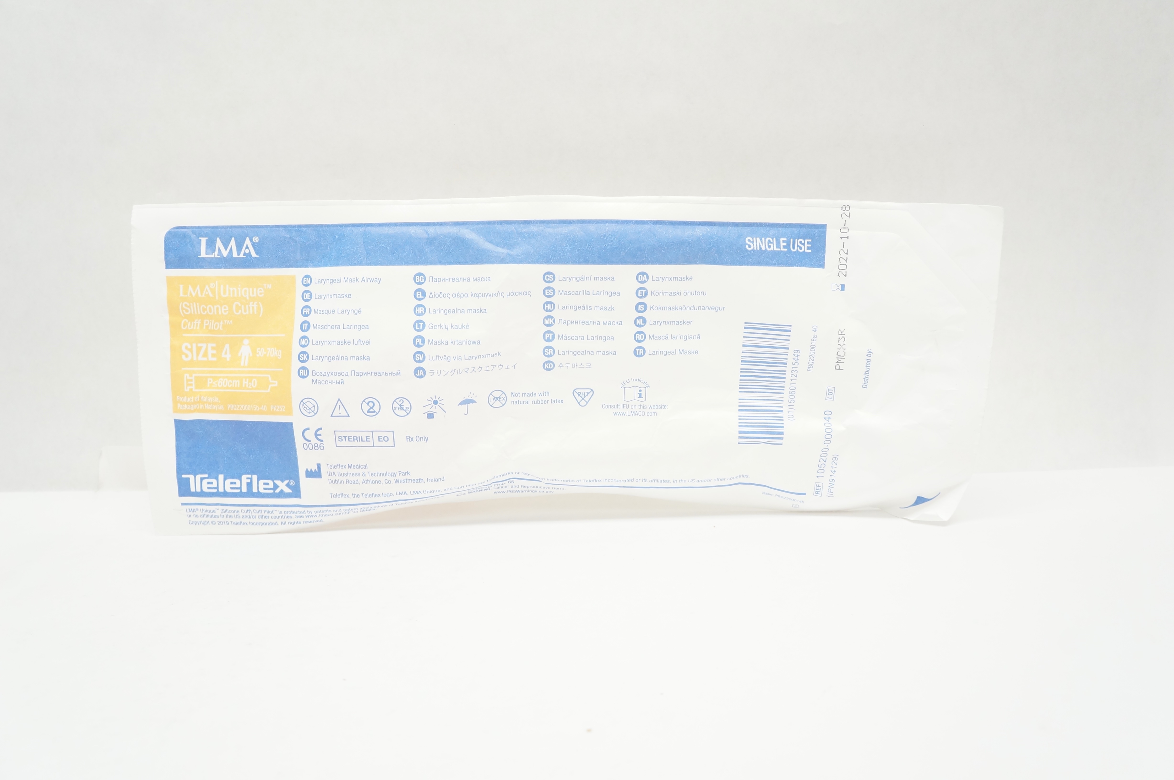 Teleflex 105200-000040 LMA Unique Cuff Pilot Laryngeal Mask, Size 4 50-70kg (x)