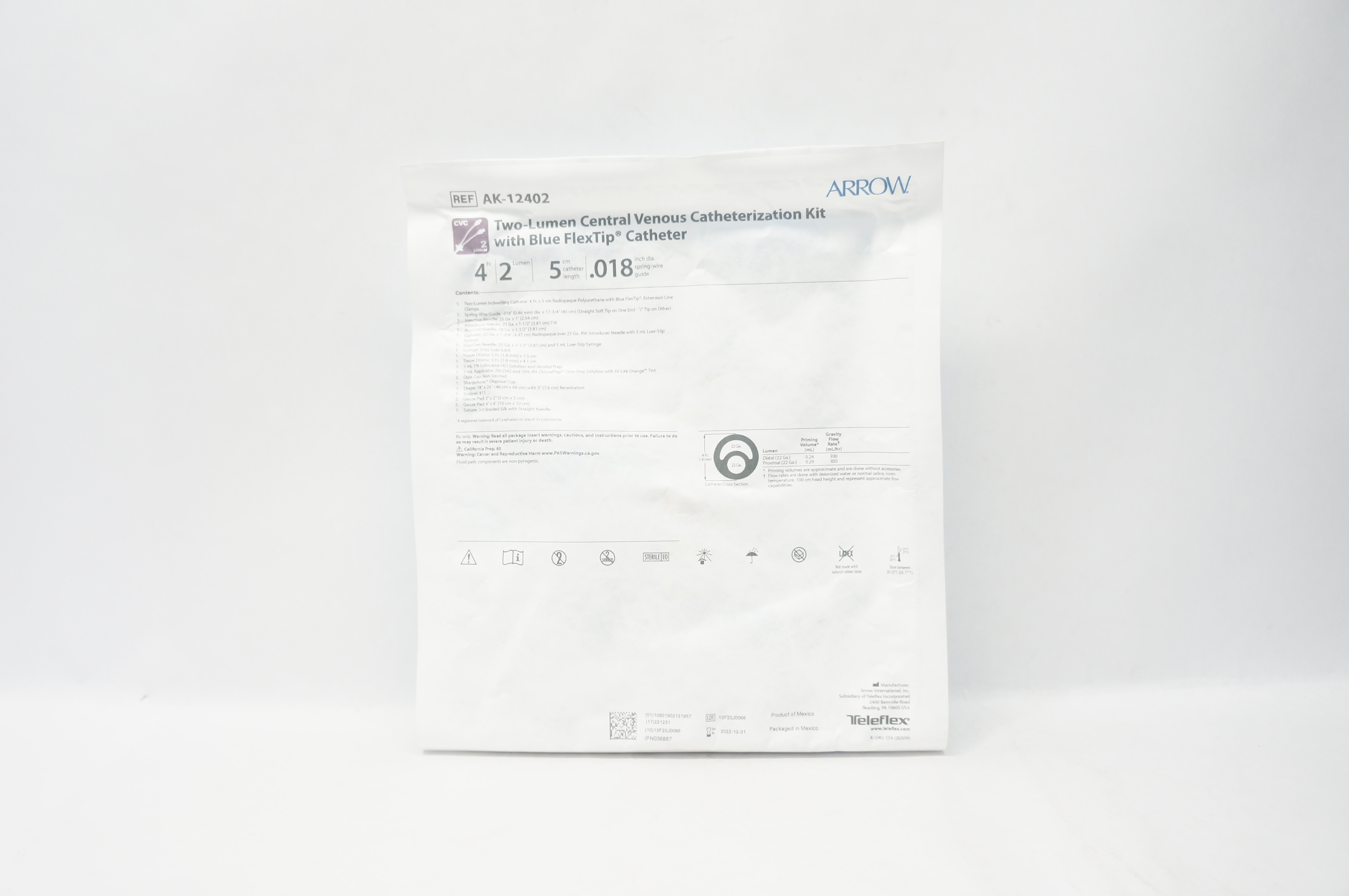 Arrow AK-12402 Two-Lumen Central Venous Catheterization Kit 4Fr