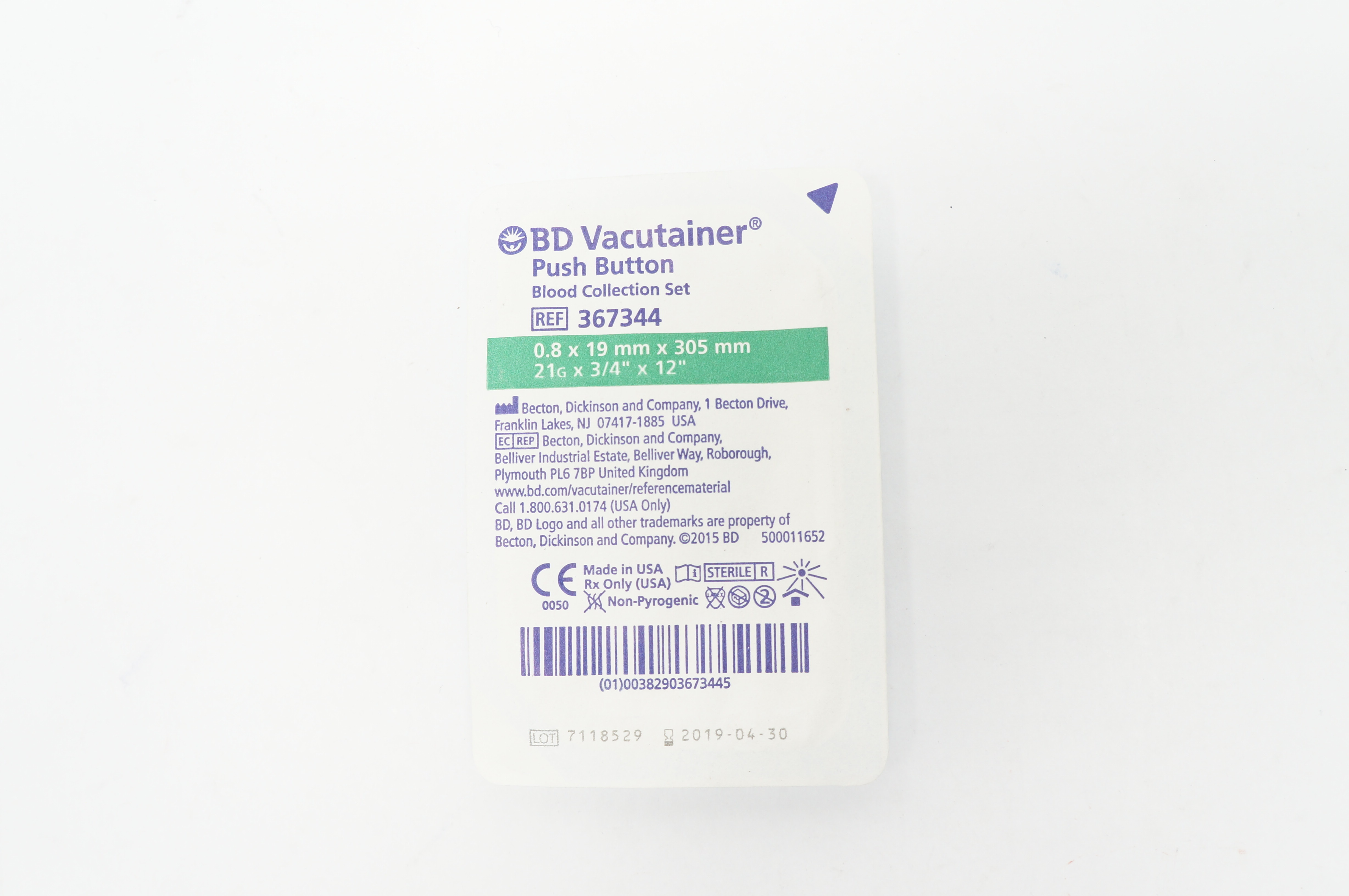 BD 367344 Vacutainer Push Button Blood Collection Set 21G x 3/4inch x 12inch (x)