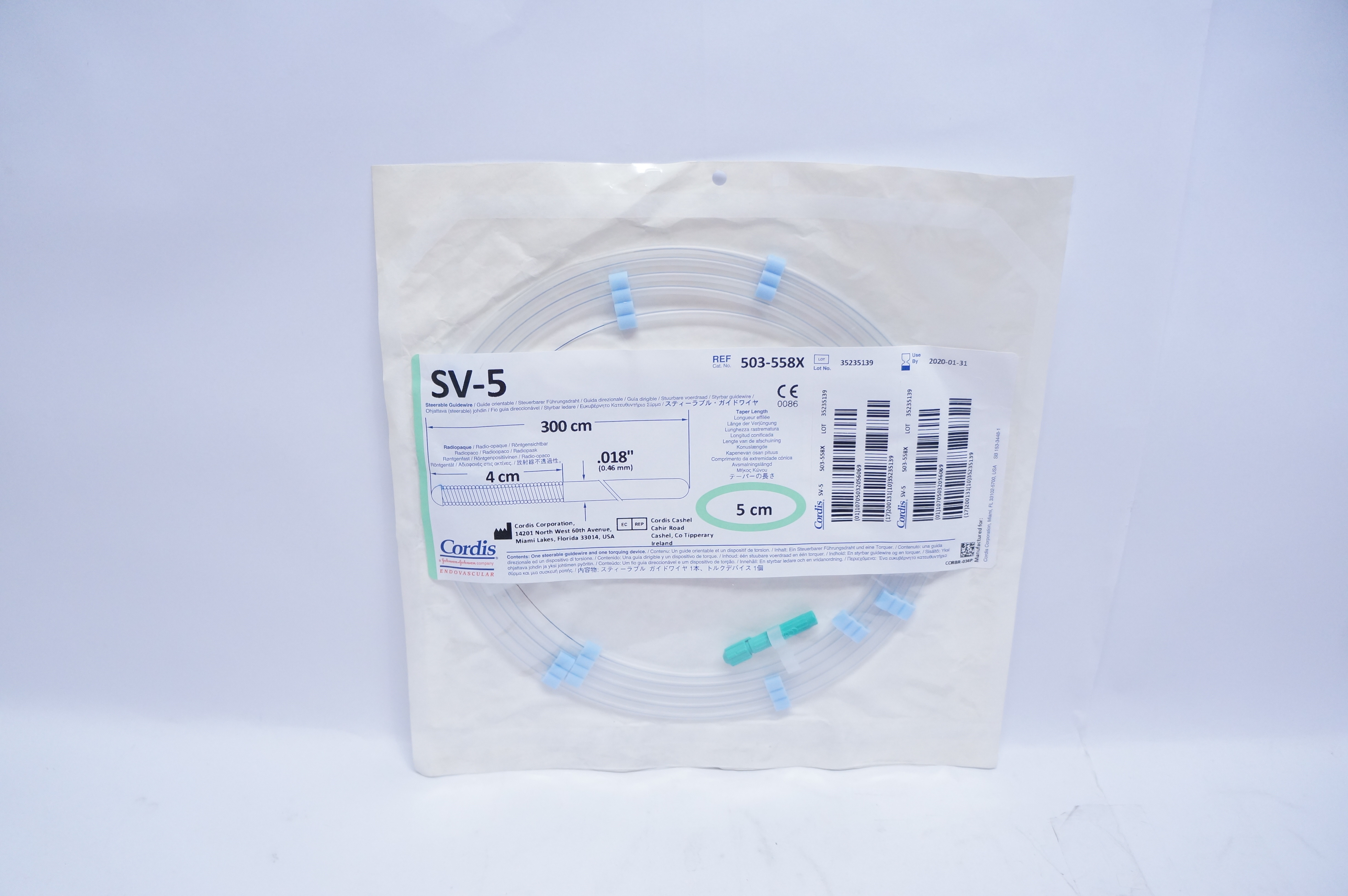 Cordis 503-558X SV-5 Steerable Guidewire 0.018 x 300cm, 5cm Distal Taper (x)