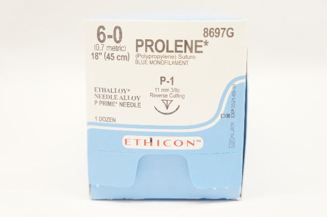 Ethicon 8697G 6-0 PROLENE P-1, 11mm 3/8c Reverse Cutting, 18inch (x) - Box of 12