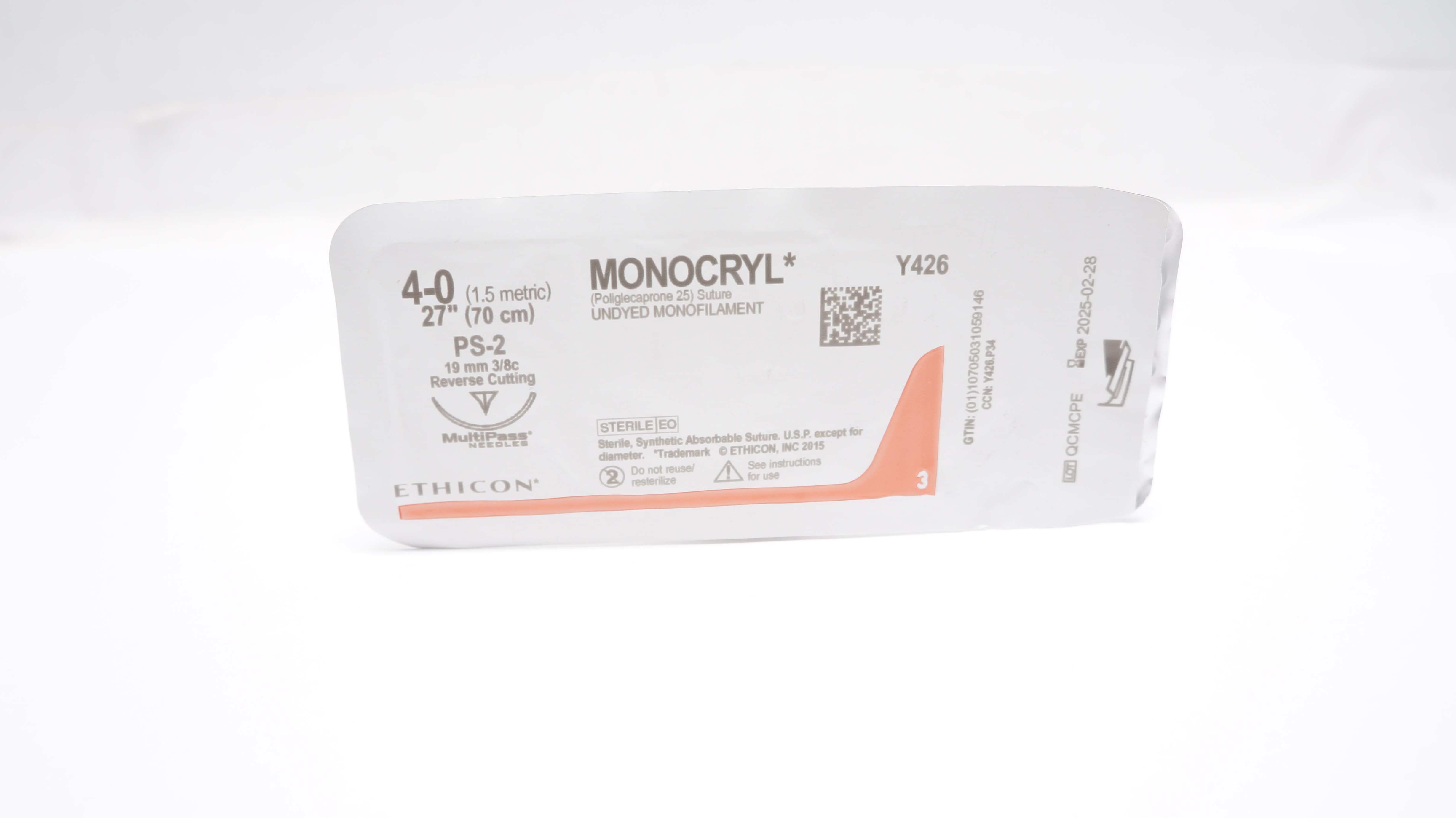 Ethicon Y426 4-0 MONOCRYL Undyed Stre PS-2 19mm 3/8c Reverse Cutting, 27inch
