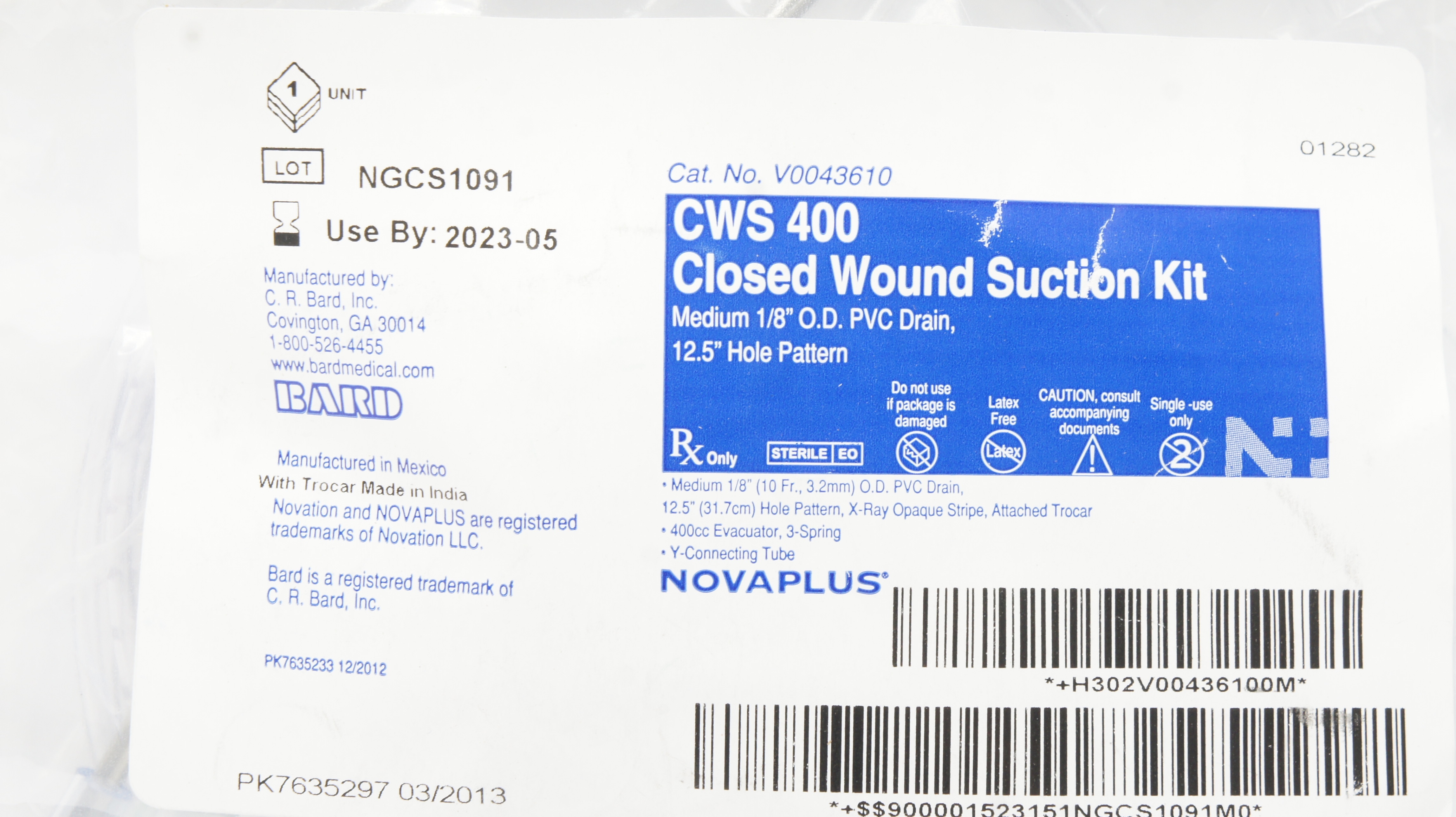 Bard V0043610 Novaplus CWS 400 Closed Wound Suction Kit 1/8inch x 12.5inch (x)
