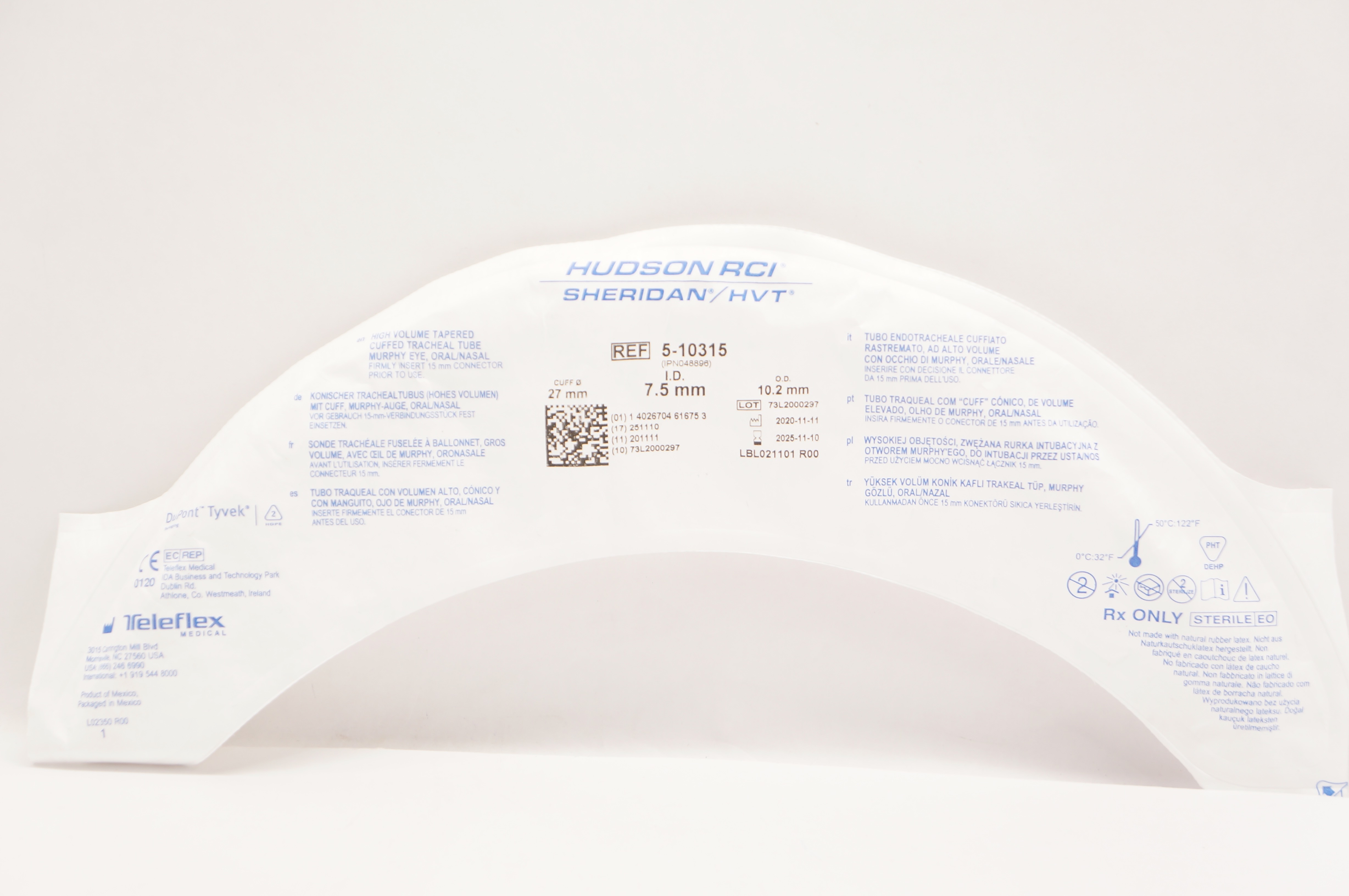 Teleflex 5-10315 Hudson RCI Sheridan HVT Cuffed Tracheal Tube 7.5 x 10.2 x 27mm