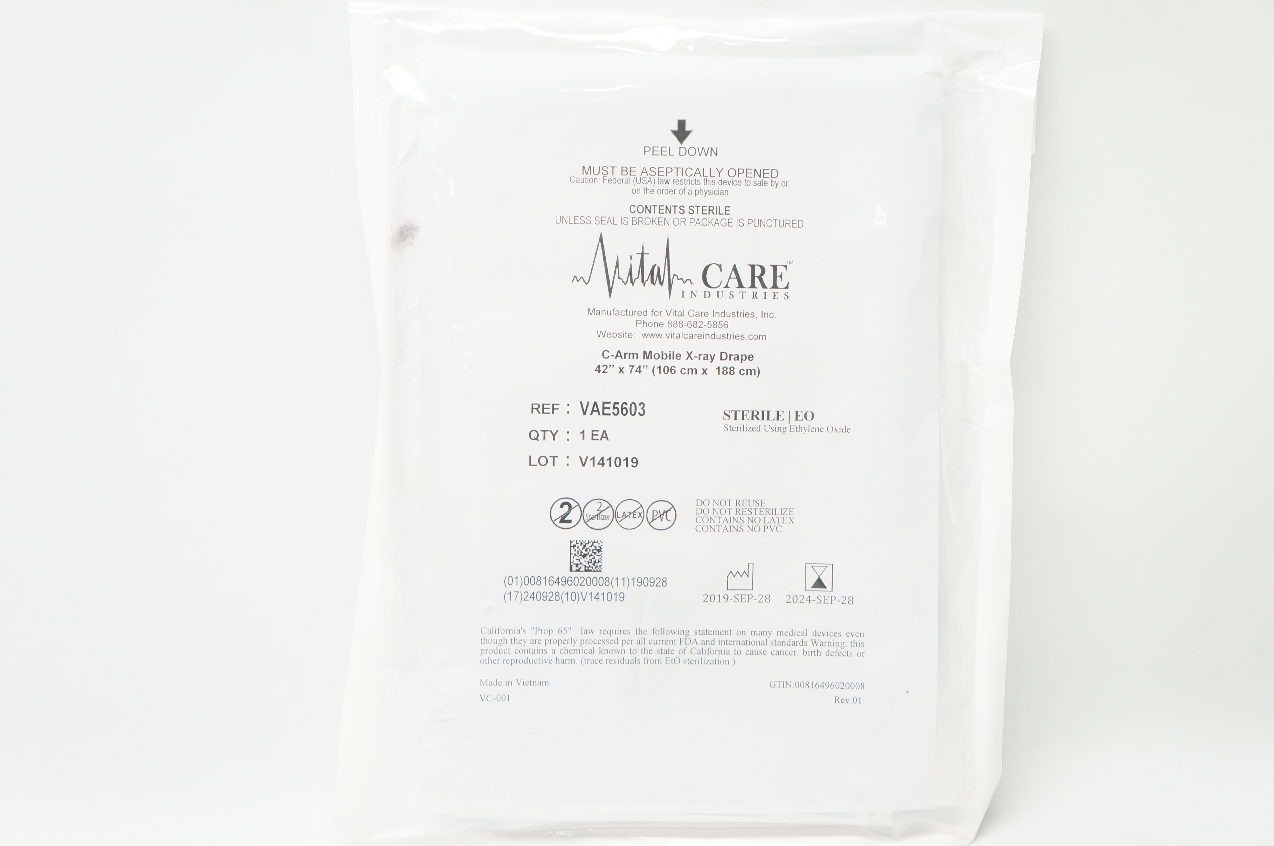 Vital Care VAE5603 C-Arm Mobile X-Ray Drape 42 inch x 74 inch