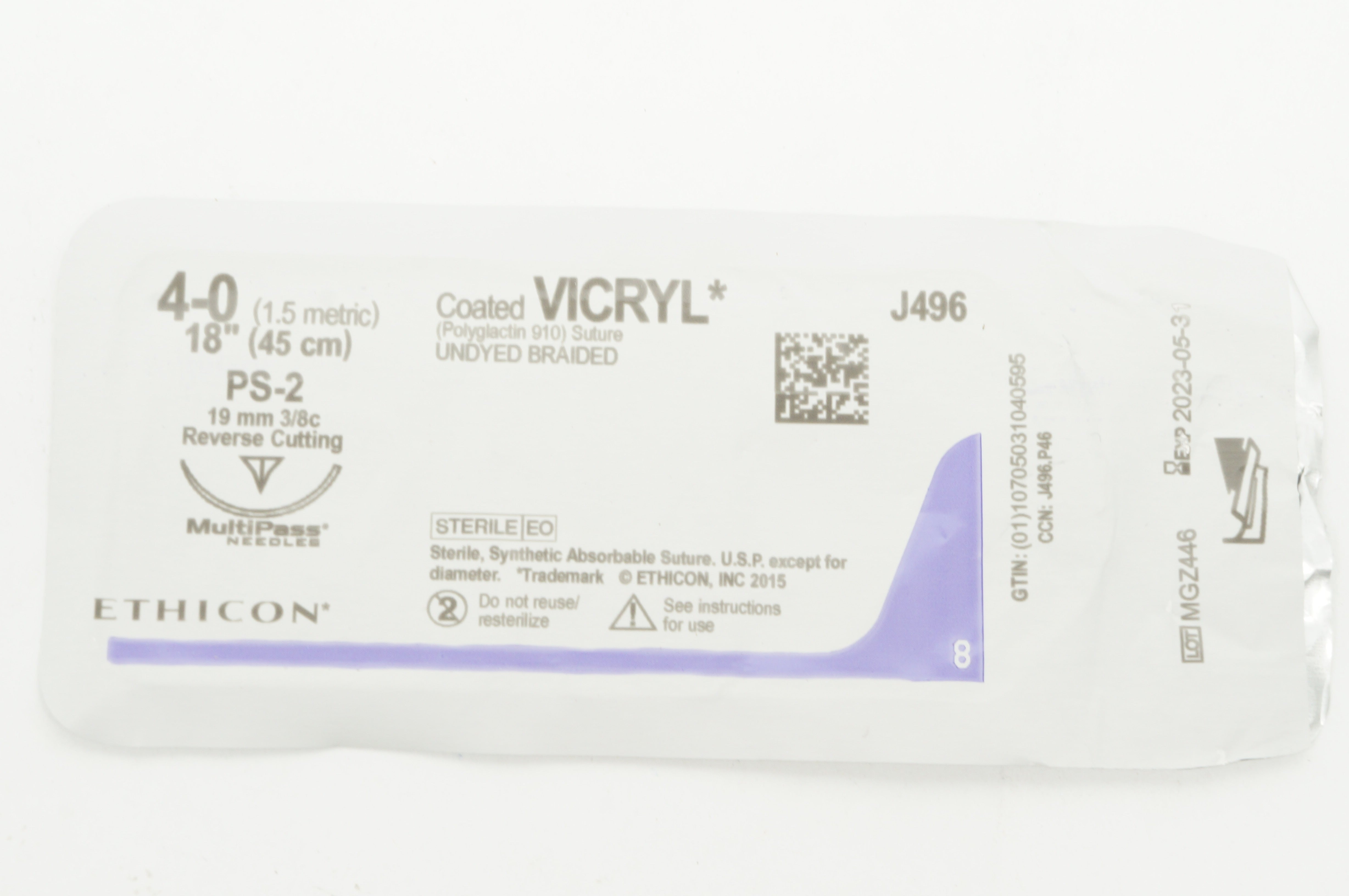 Ethicon J496 4-0 Coated VICRYL PS-2 19mm 3/8c Reverse Cutting 18inch