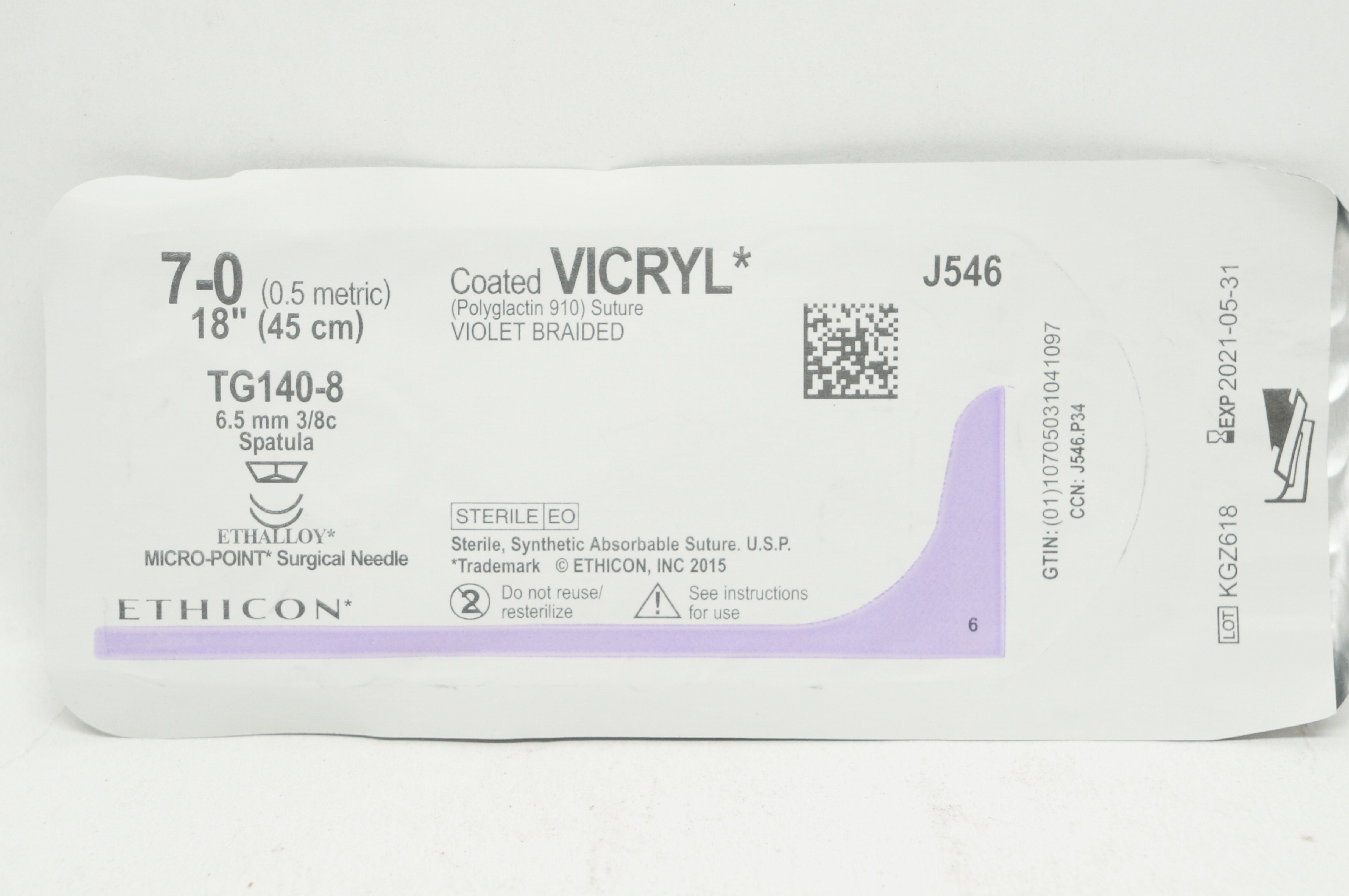 Ethicon J546 7-0 Coated Vicryl Stre TG140-8 6.5mm 3/8c Spatula 18inch (x)