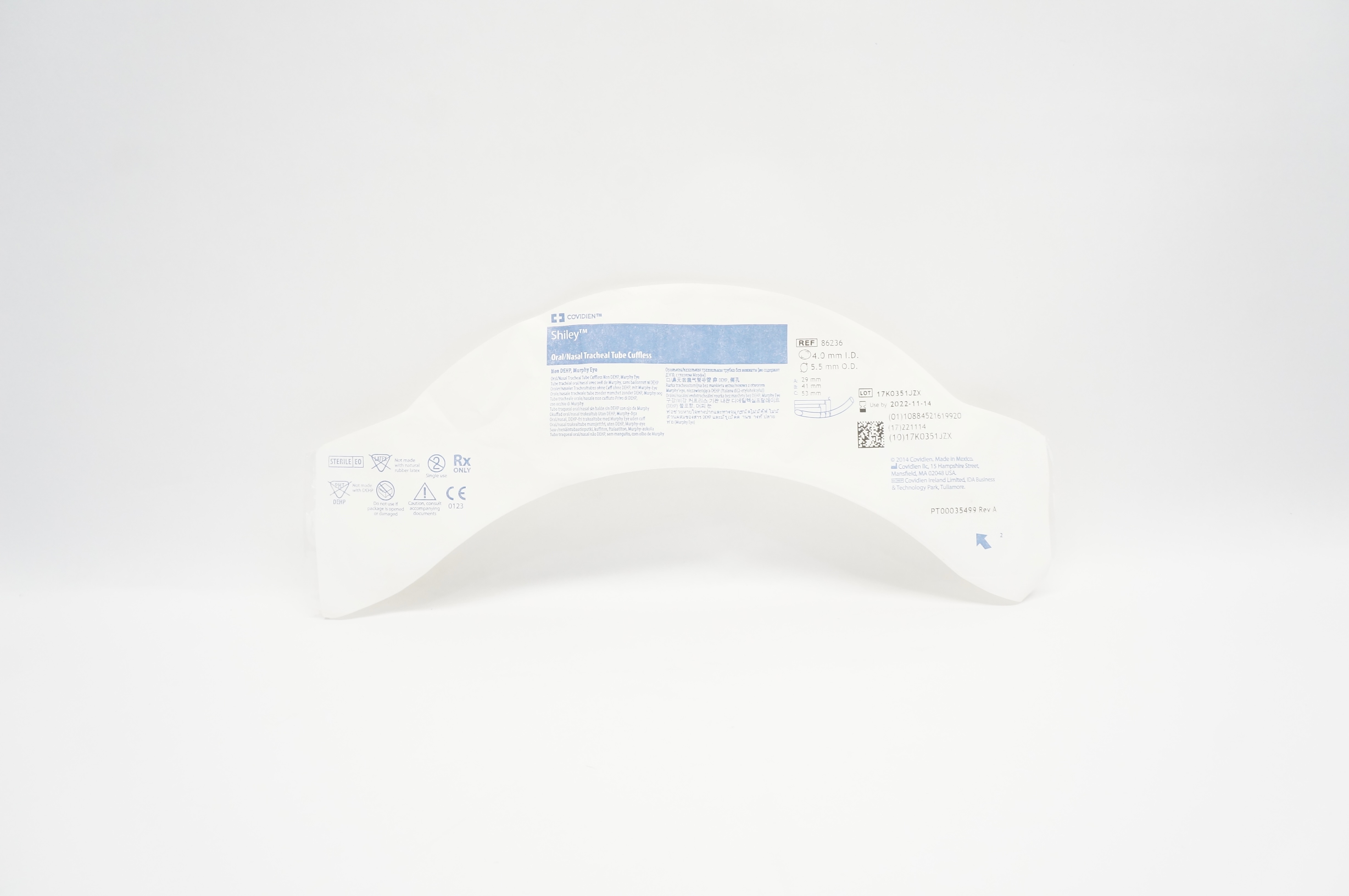 Covidien 86236 Shiley Oral/Nasal Tracheal Tube Cuffless 4.0m ID x 5.5mm OD (x)