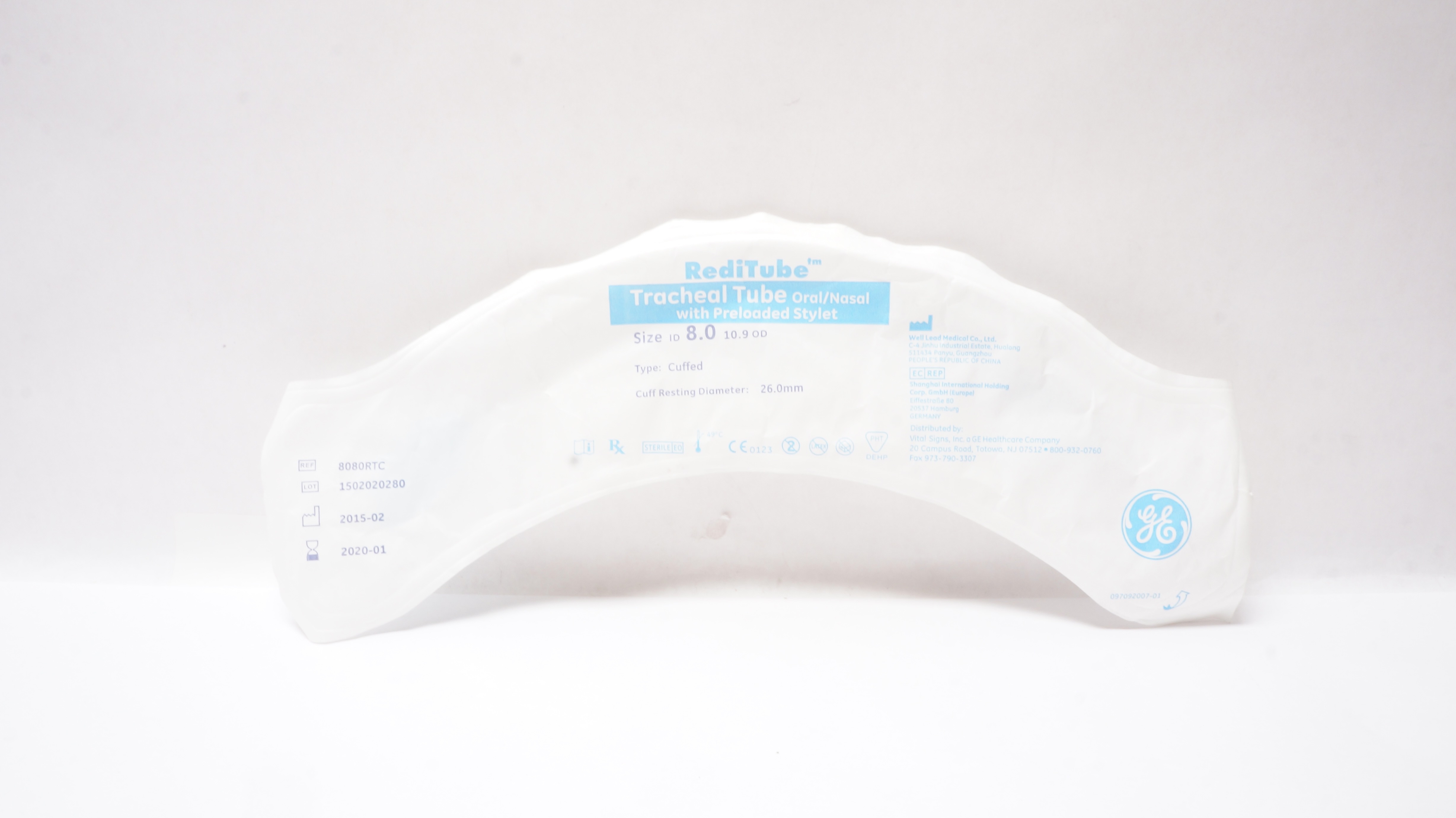 Vital Signs 8080RTC RediTube Tracheal Tube, Cuffed 8.0ID x 10.9OD x 26mm (x)