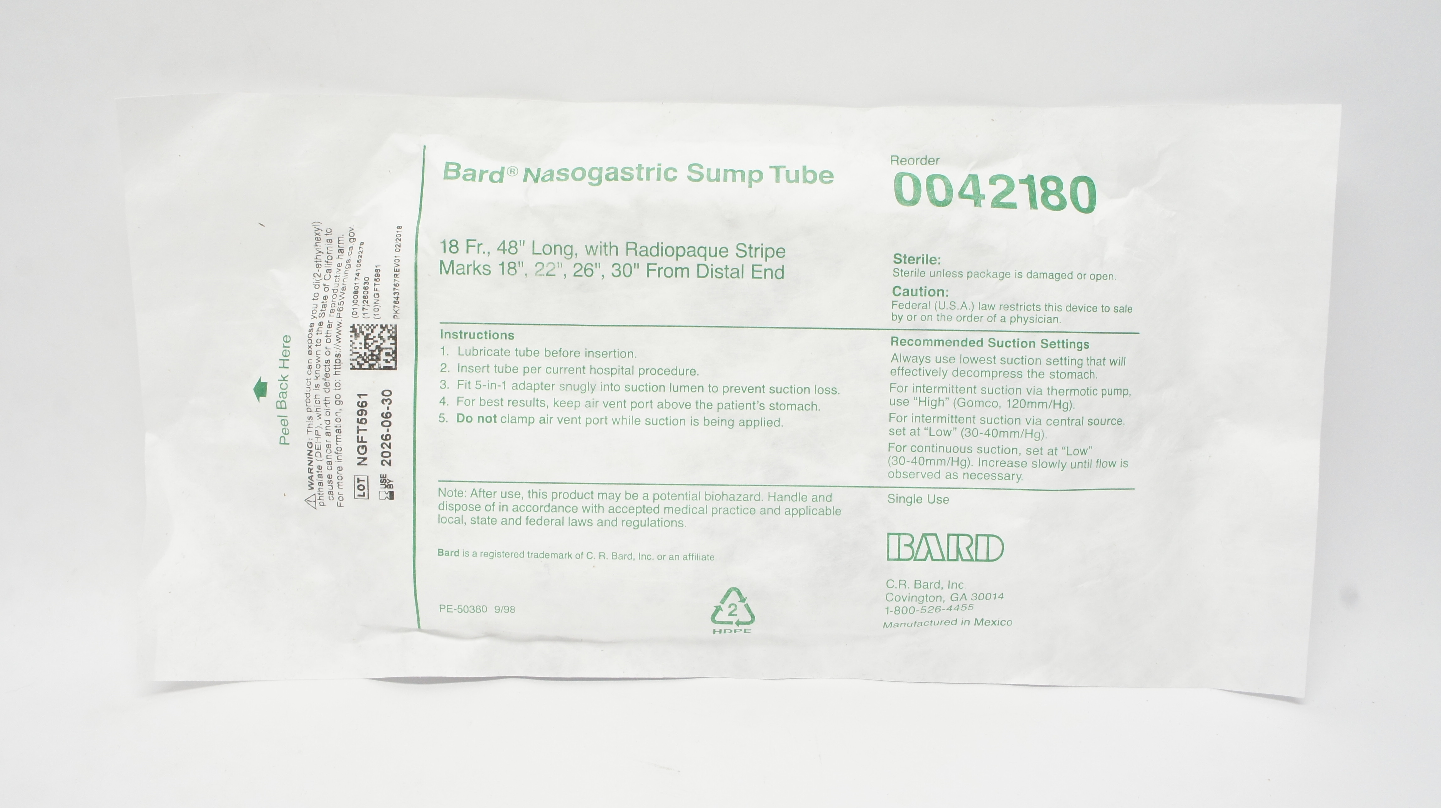 Bard 0042180 Nasogastric Sump Tube w/Radiopaque Stripe Marks 18 Fr x 48inch