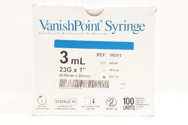 Retractable 10311 VanishPoint Syringe 3cc 23G x 1 - Box of 100 (x)