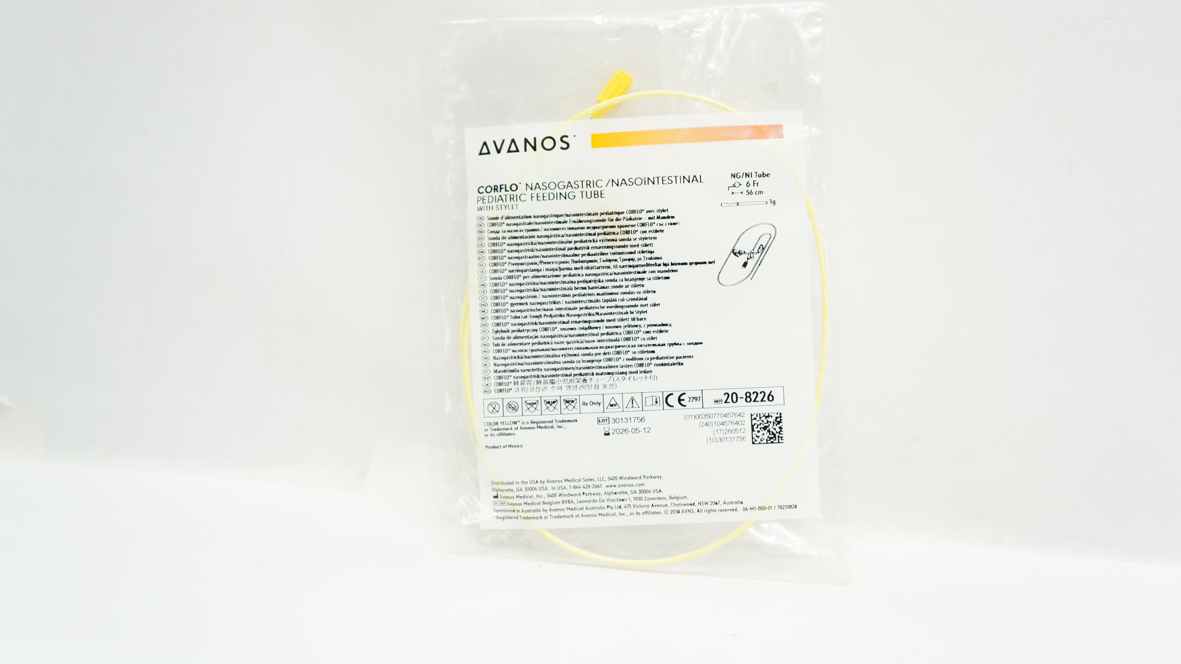 Avanos 20-8226 Corflo Nasogastric/Nasointestinal Pediatric FeedingTube 6Frx56cm
