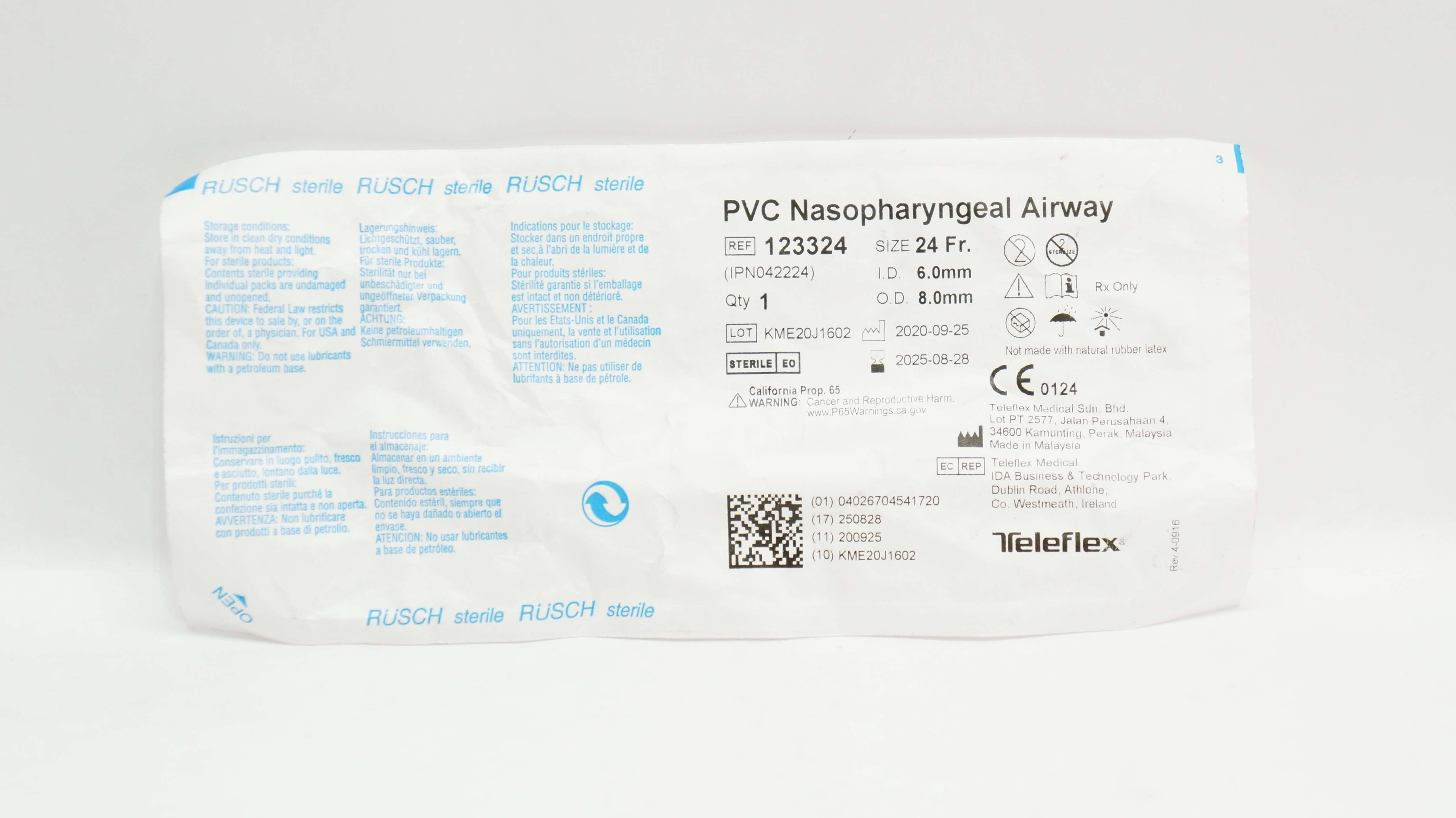 Teleflex 123324 Rusch PVC Nasopharyngeal Airway 24 Fr x 6.0mm ID x 8.0mm OD