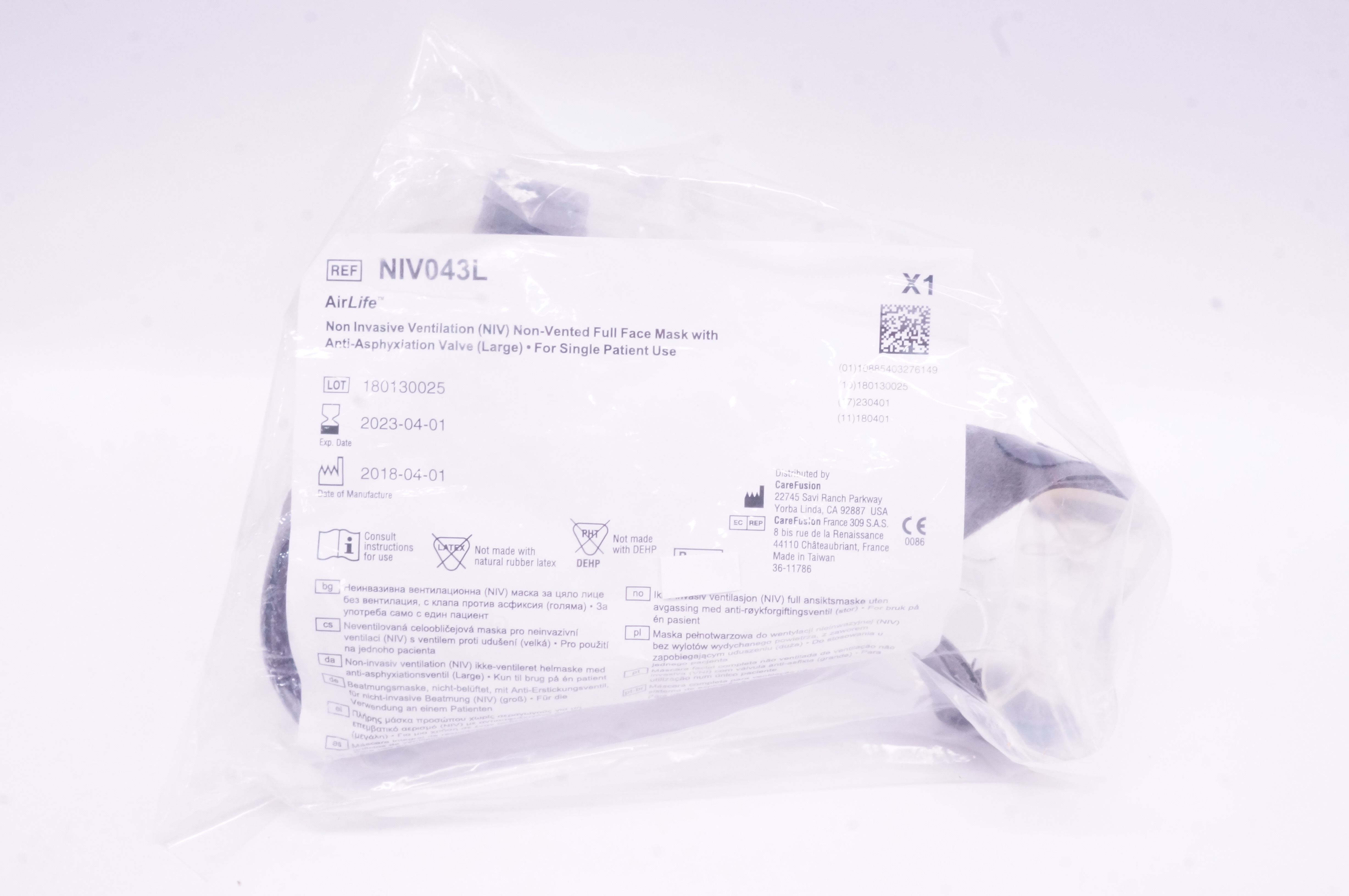 CareFusion NIV043L Non-Vented Full Face Mask With Anti-Asphyxiation Valve Large