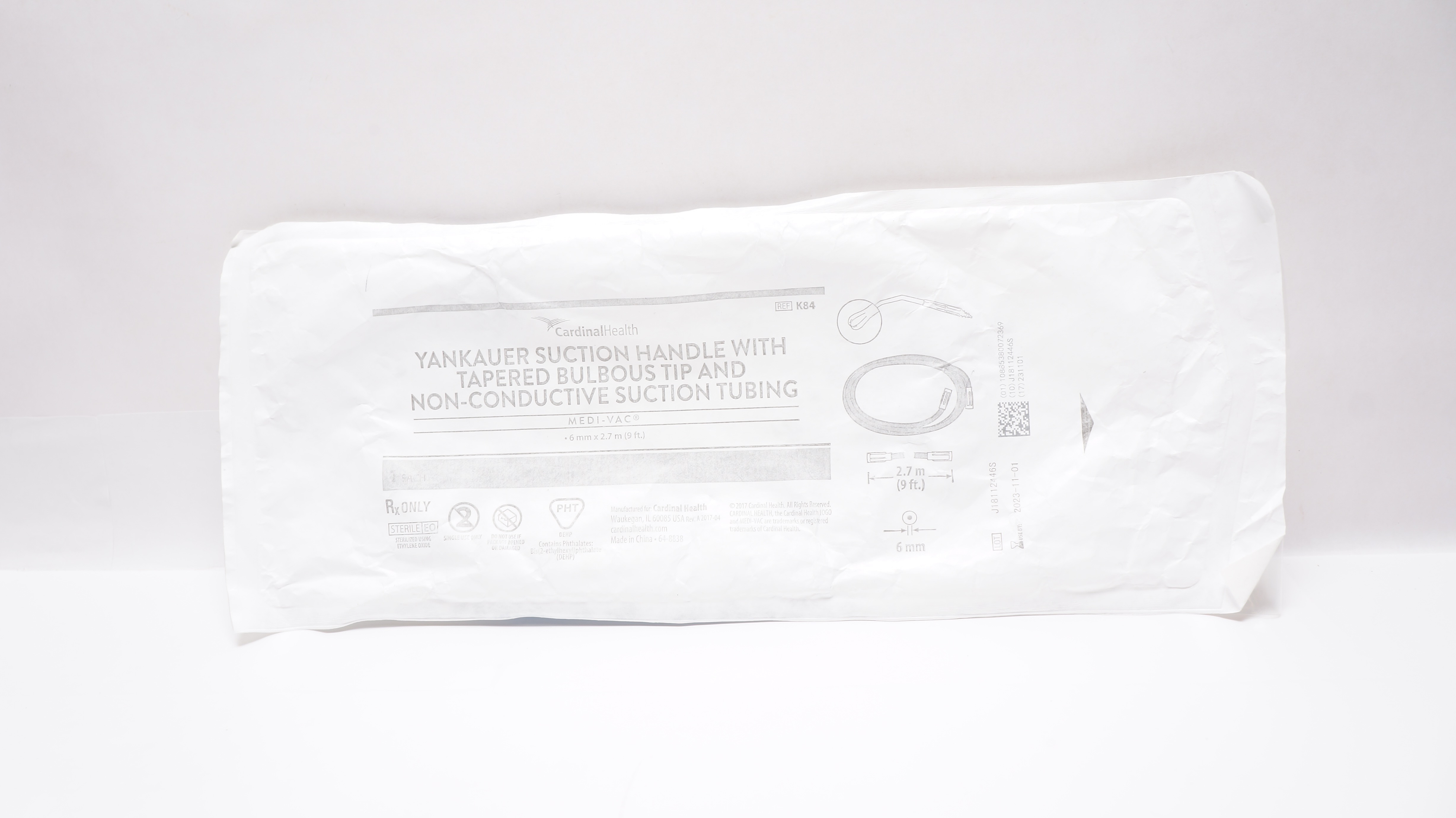 Cardinal Health K84 Yankauer Suction Handle w/Tapered Bulbous Tip 6mm x 9ft. (x)