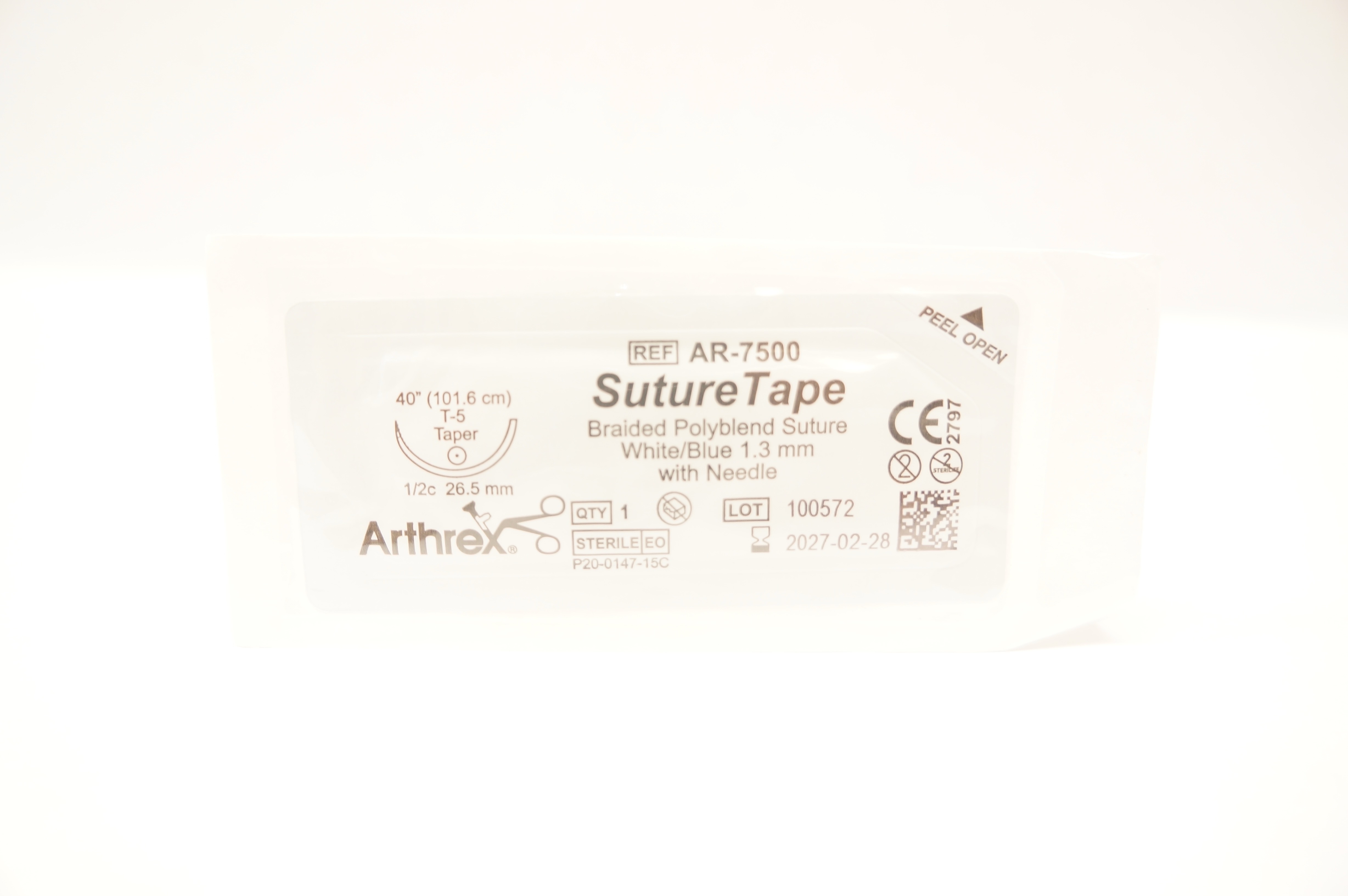 Arthrex AR-7500 Braided Polyblend 1.3 mm Stre. W/Ndle T-5 Taper 26.5mm 1/2c 40in