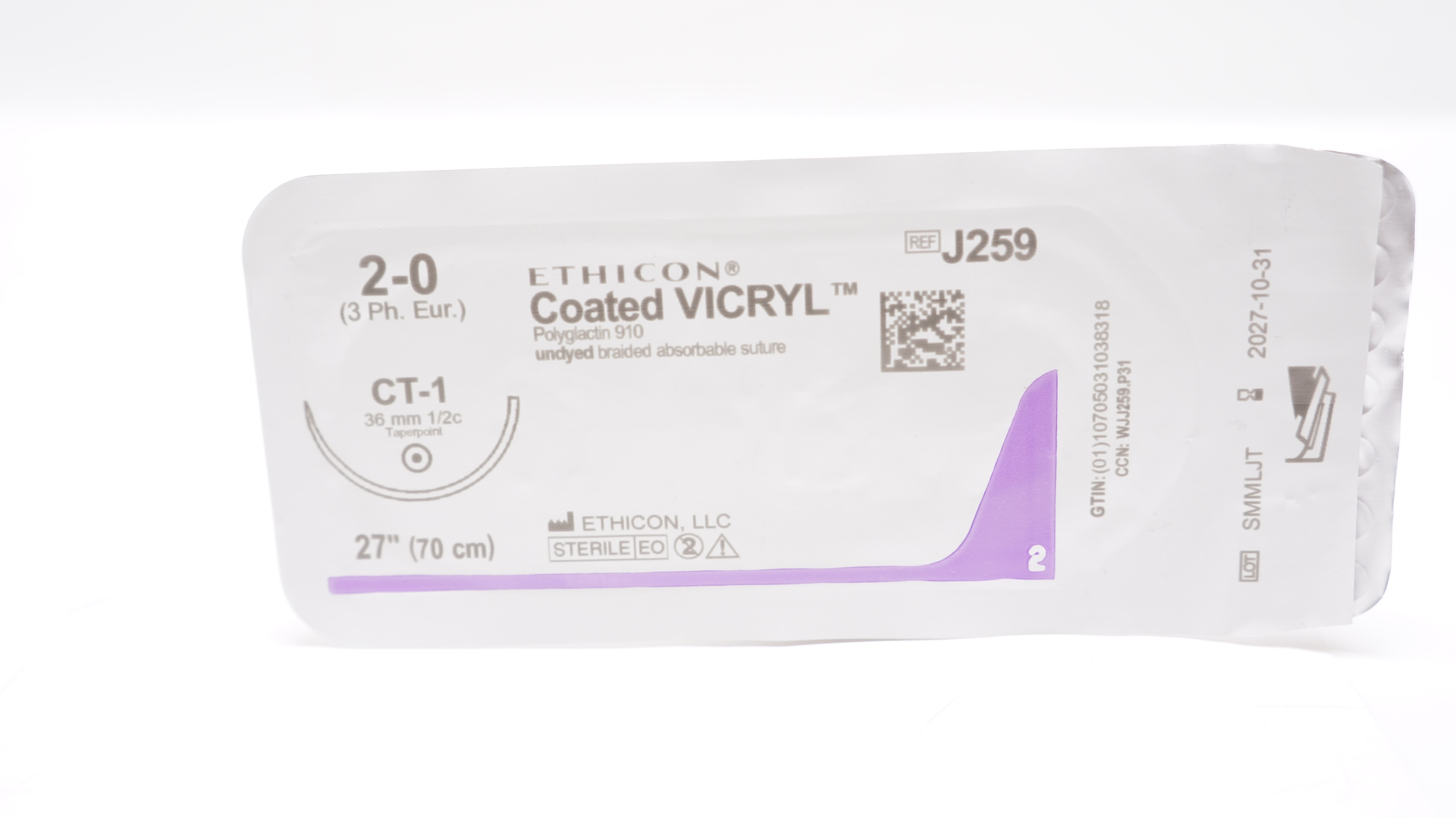 Ethicon J259 2-0 VICRYL CT-1 36mm 1/2c Taper, 27inch