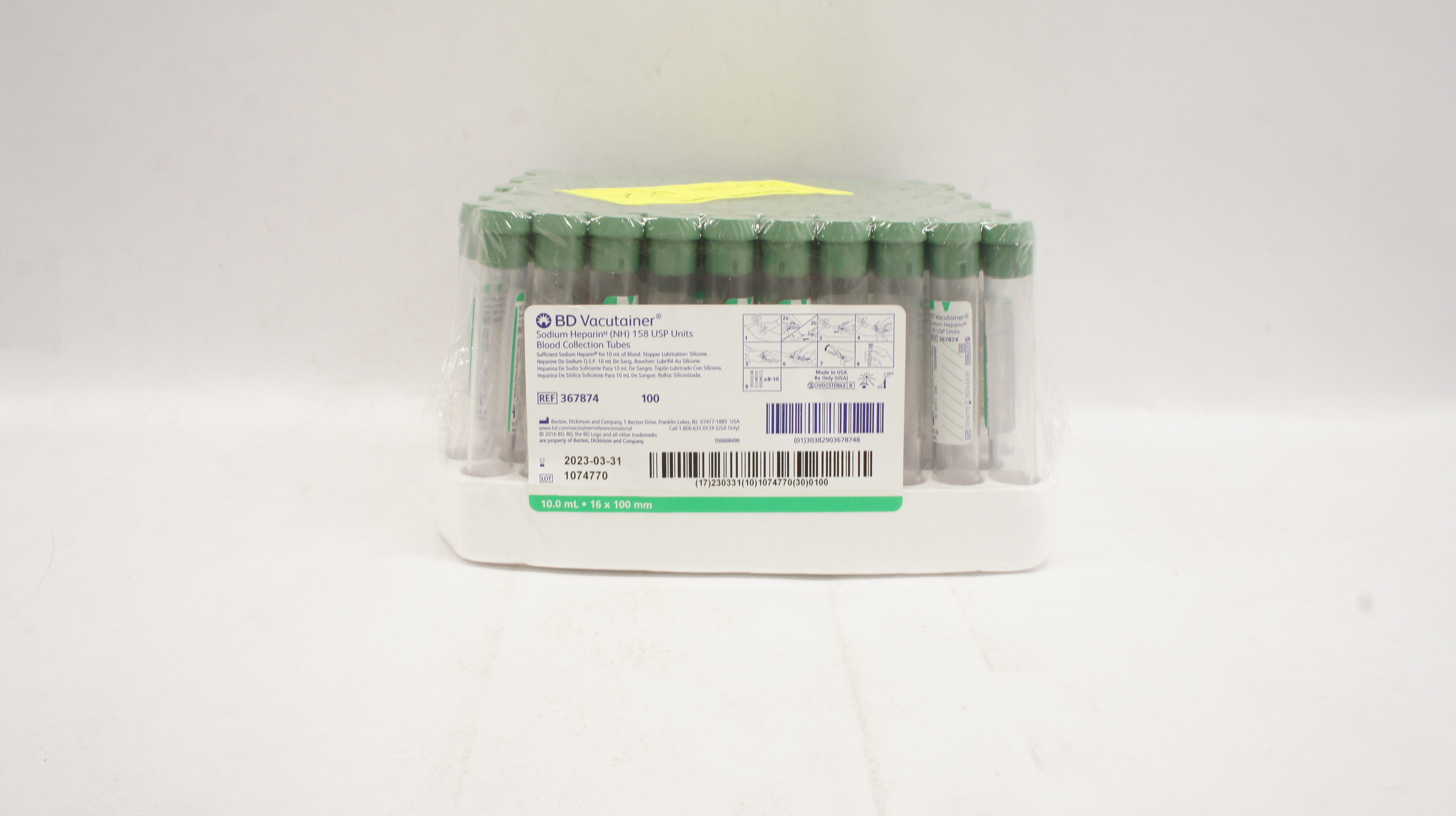 BD 367874 Vacutainer NH Blood Collection Tubes 10.0mL 16 x 100mm - Box of 100