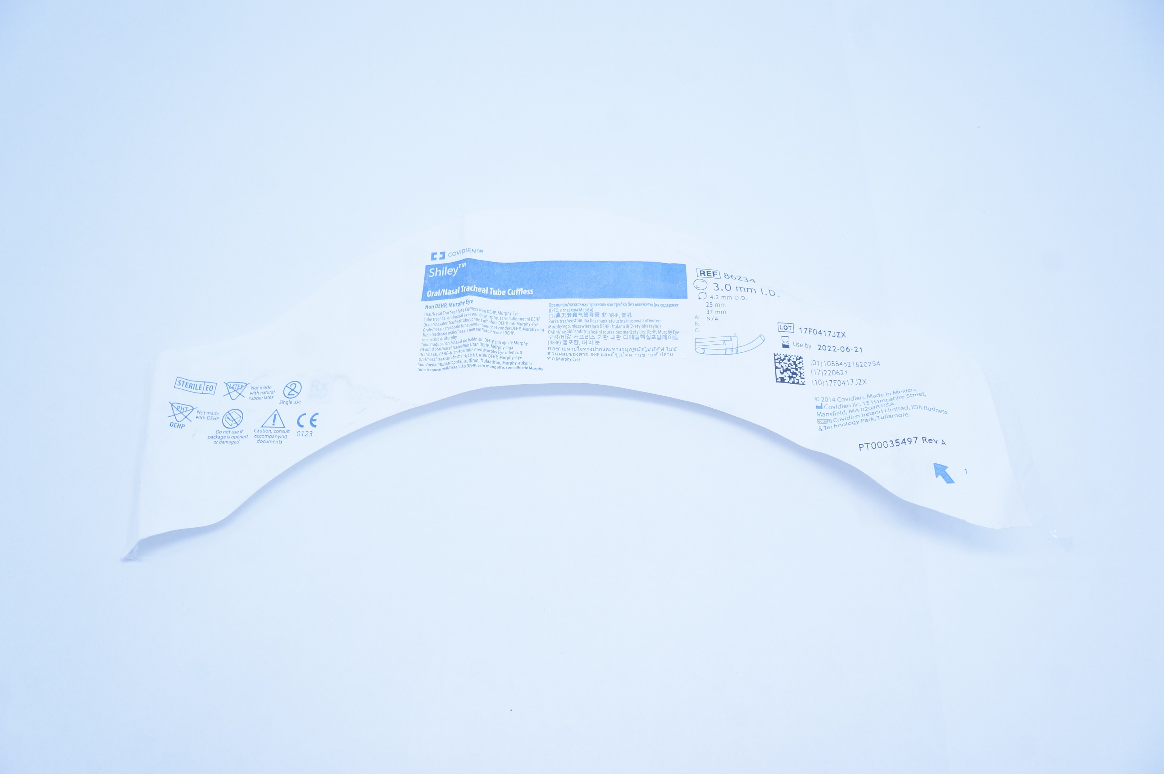 Covidien 86234 Shiley Oral/Nasal Tracheal Tube Cuffless 3.0mm ID x 4.2mm OD