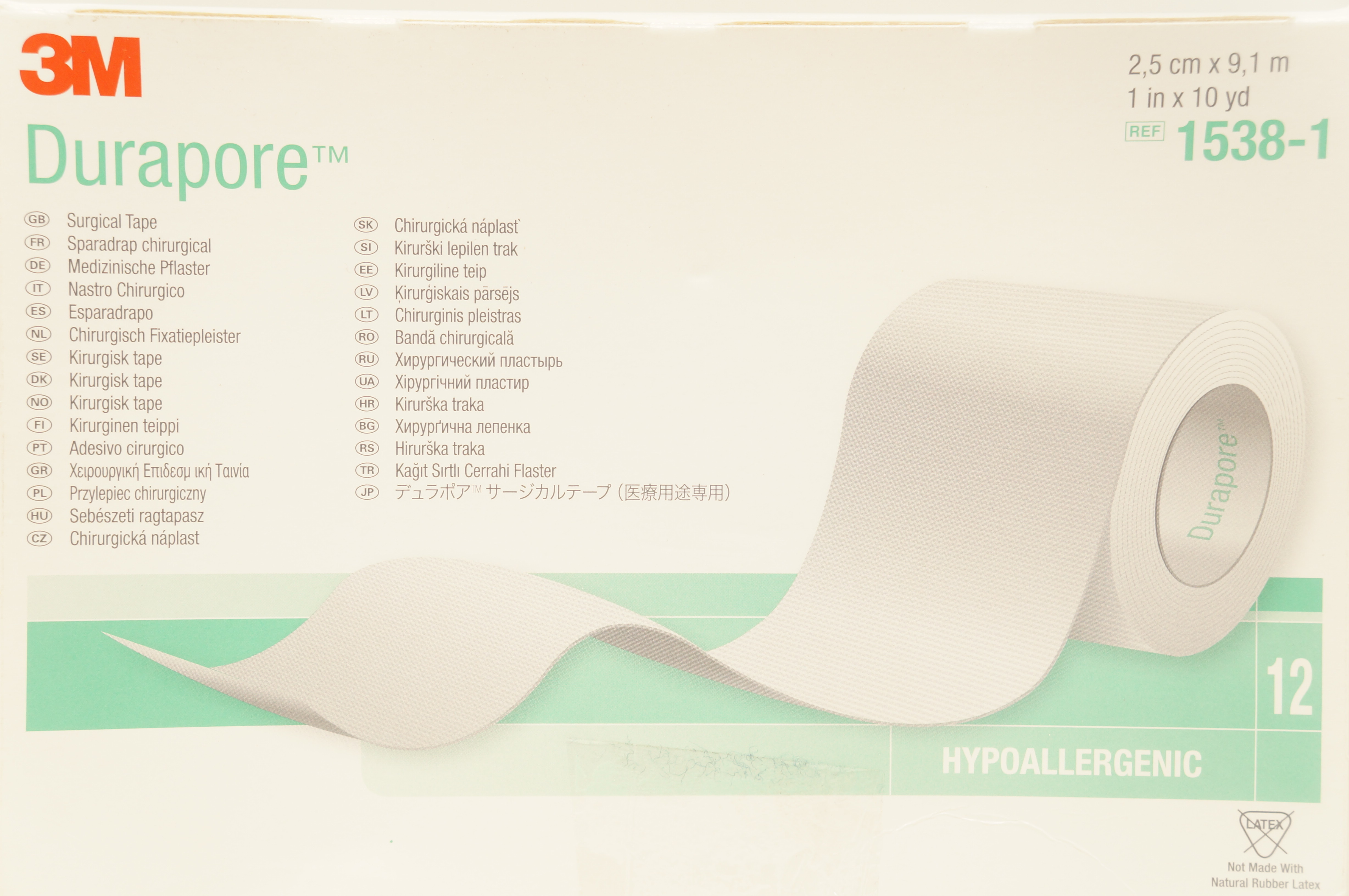 3M 1538-1 Durapore Surgical Tape 1inch x 10yd. - Box of 12