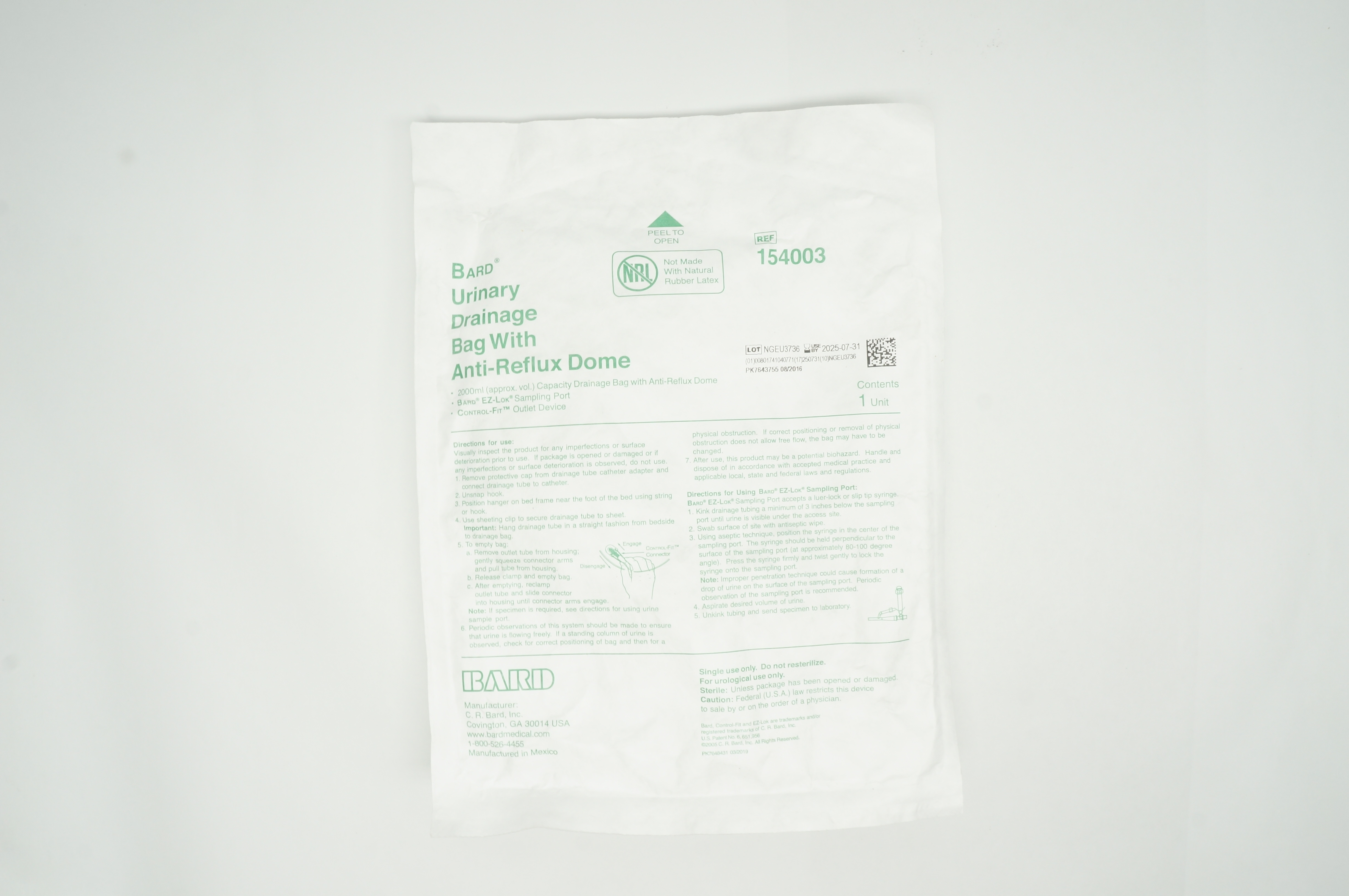 Bard 154003 Urinary Drainage Bag with Anti-Reflux Dome 2000ml