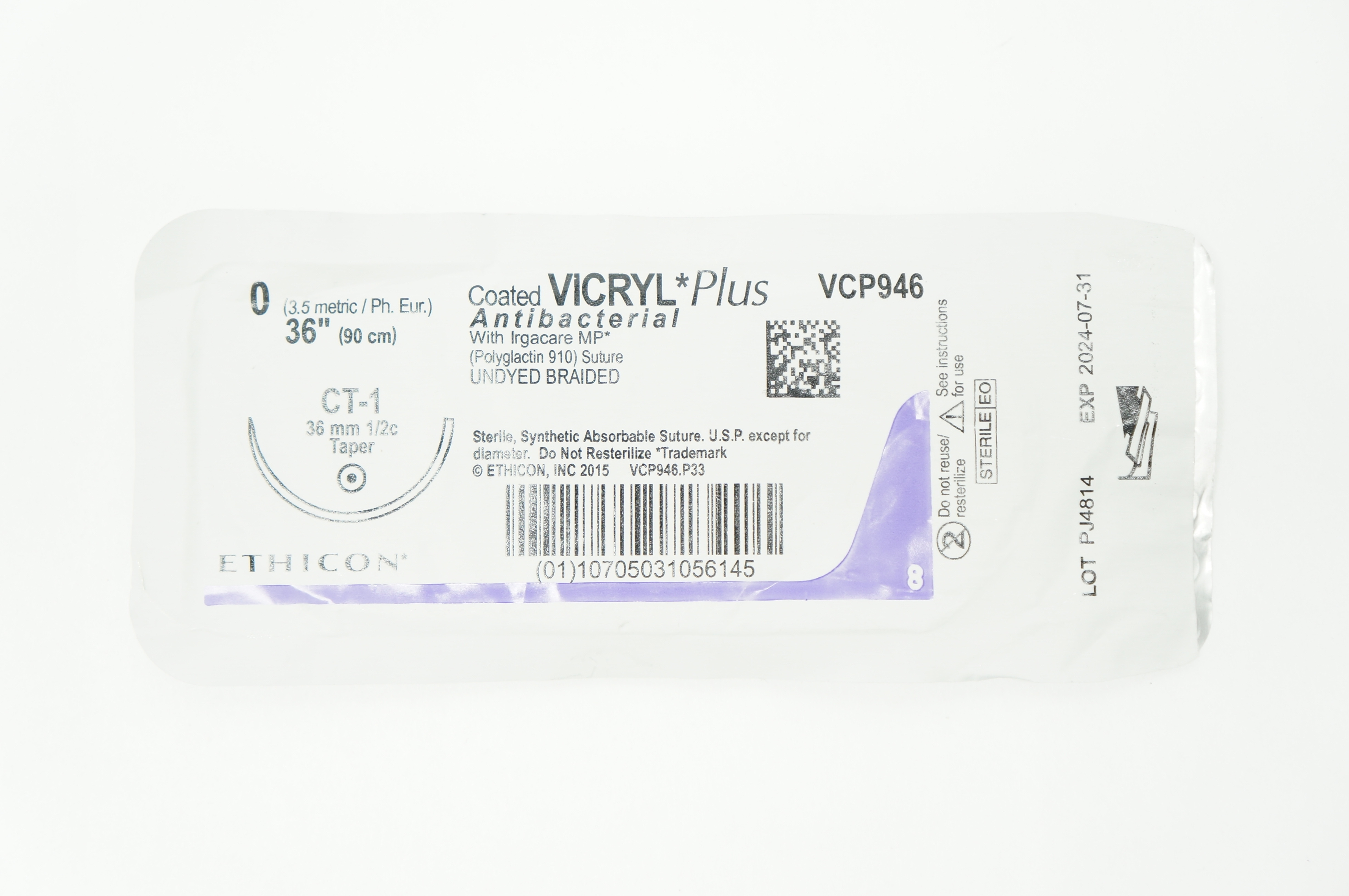 Ethicon VCP946 0 VICRYL Plus CT-1 36mm 1/2c Taper 36inch
