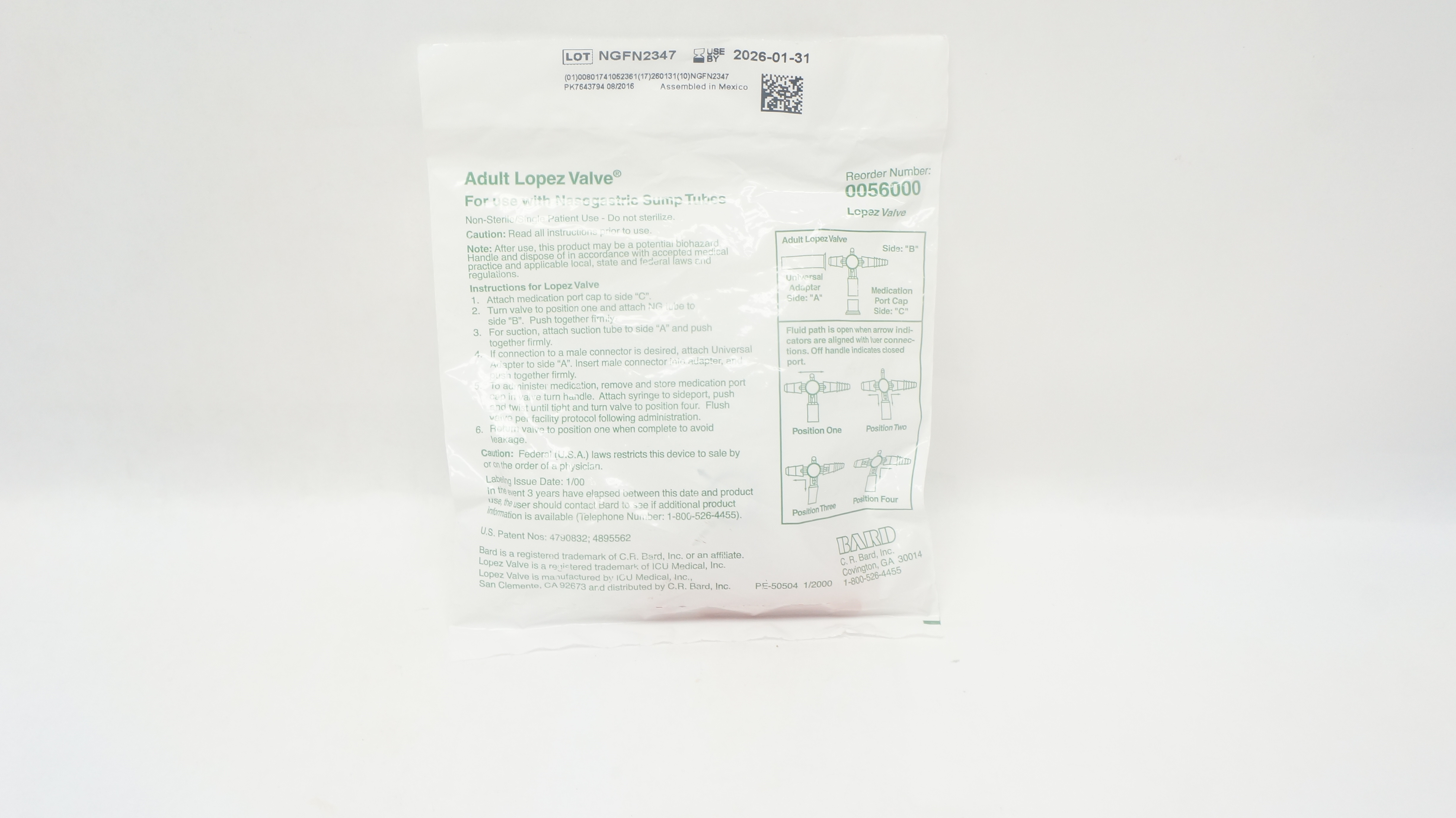 Bard 0056000 Adult Lopez Valve with Nasogastric Sump Tubes