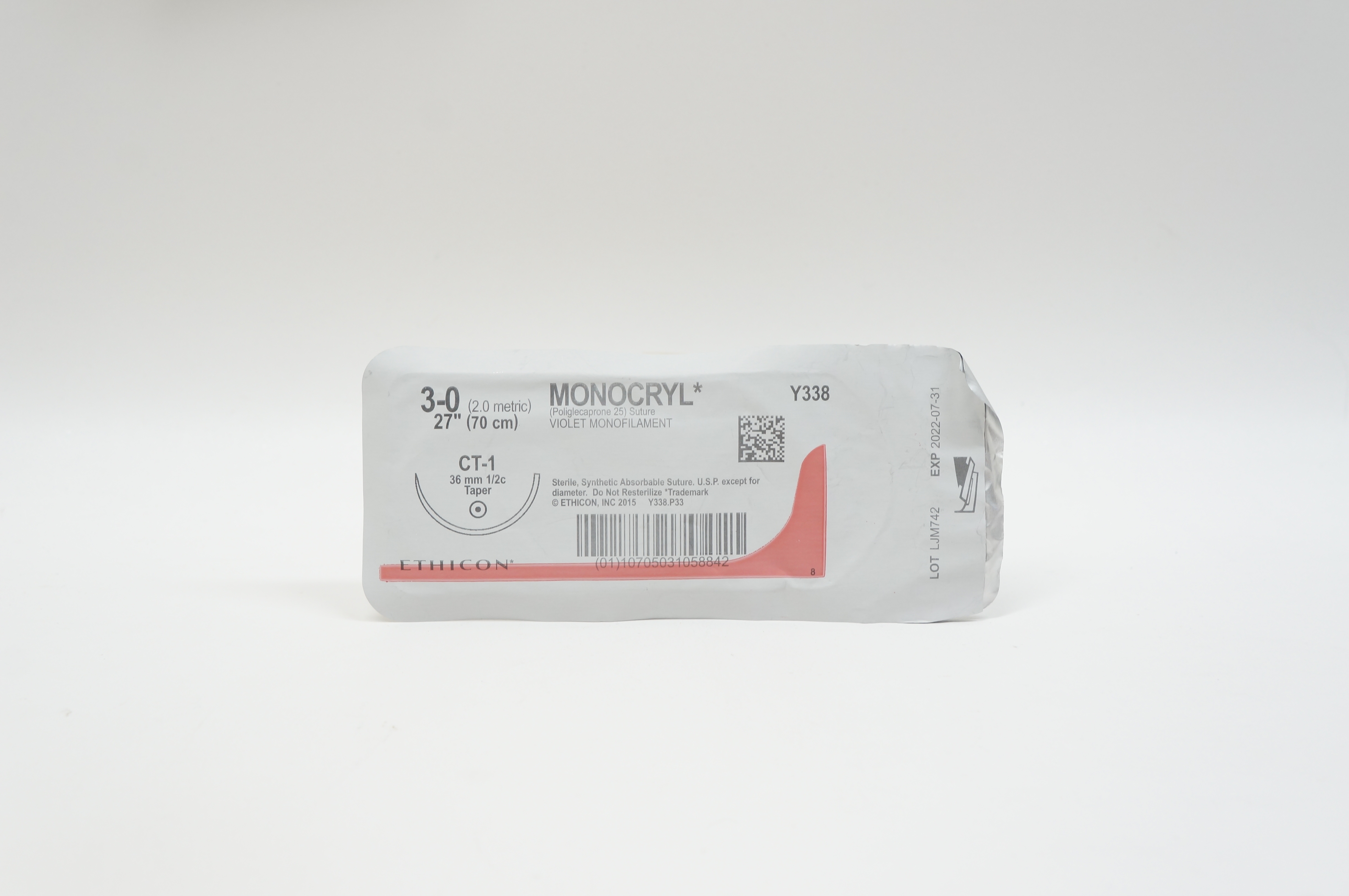 Ethicon Y338 3-0 MONOCRYL, CT-1, 36mm 1/2c Taper, 27inch