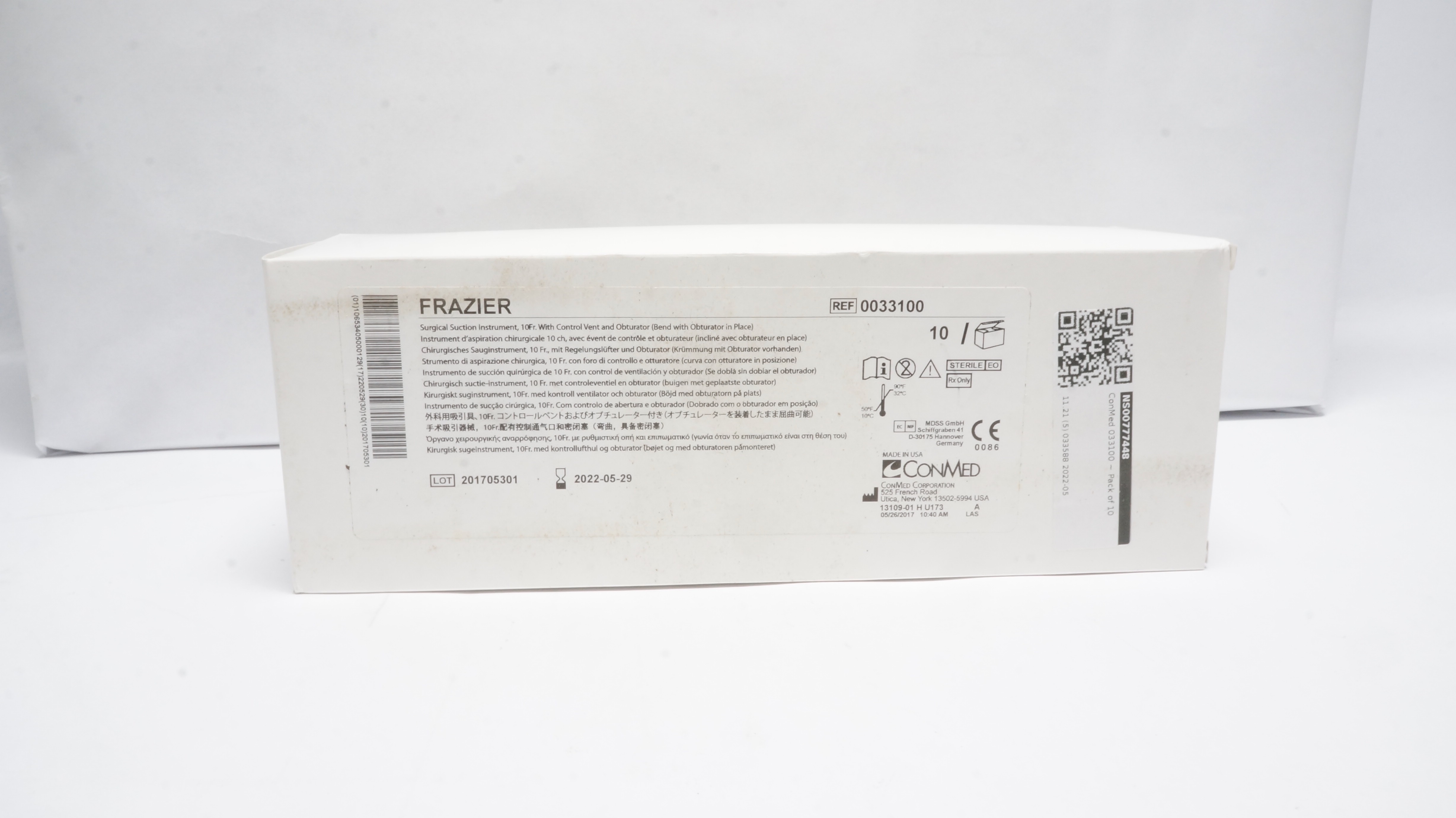ConMed 0033100 Frazier Surgical Suction Instrument 10Fr - Box of 10 (x)