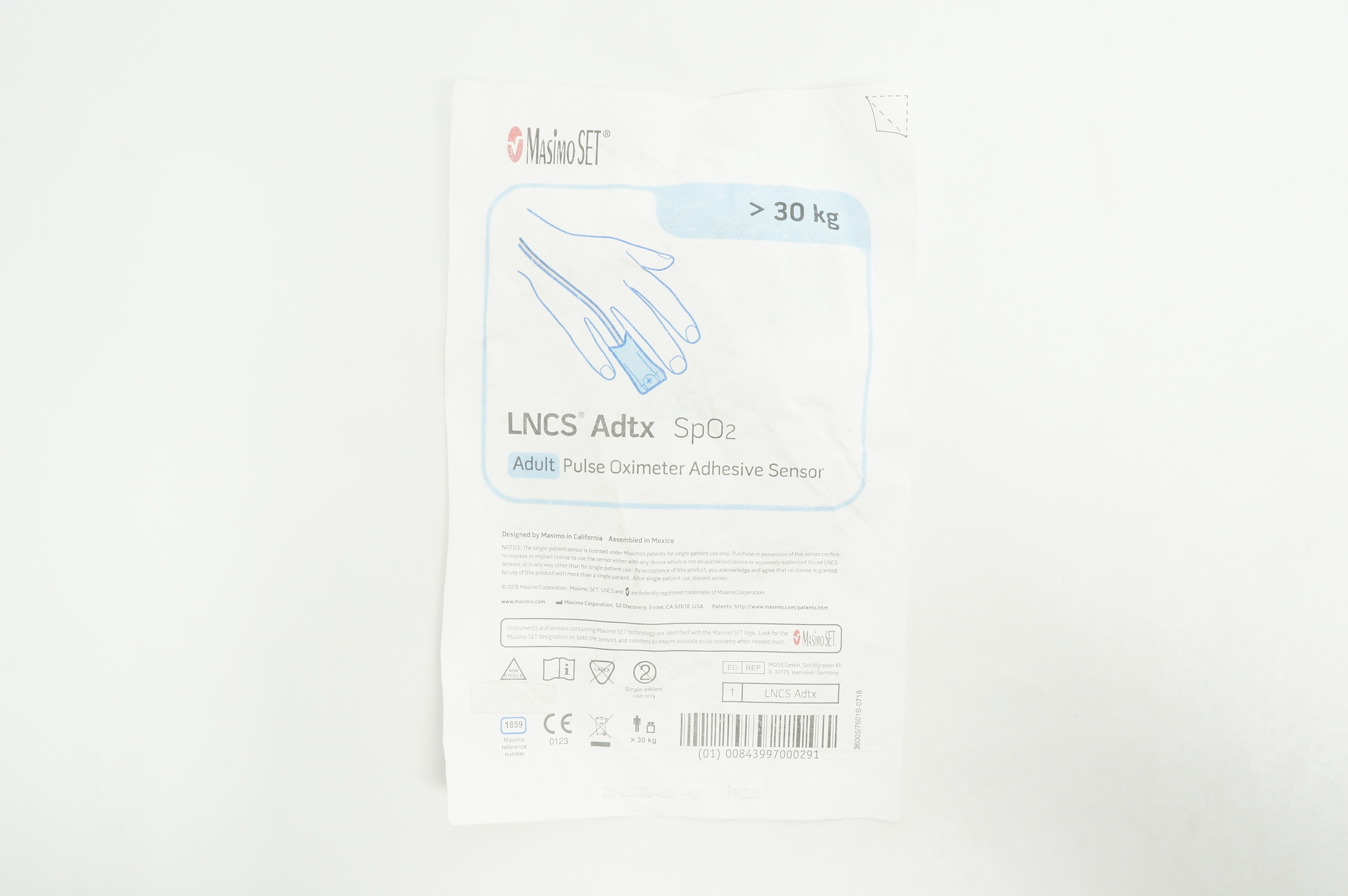 Masimo 1859 LNCS Adtx SpO2 Adult Pulse Oximeter Adhesive Sensor  >30 kg