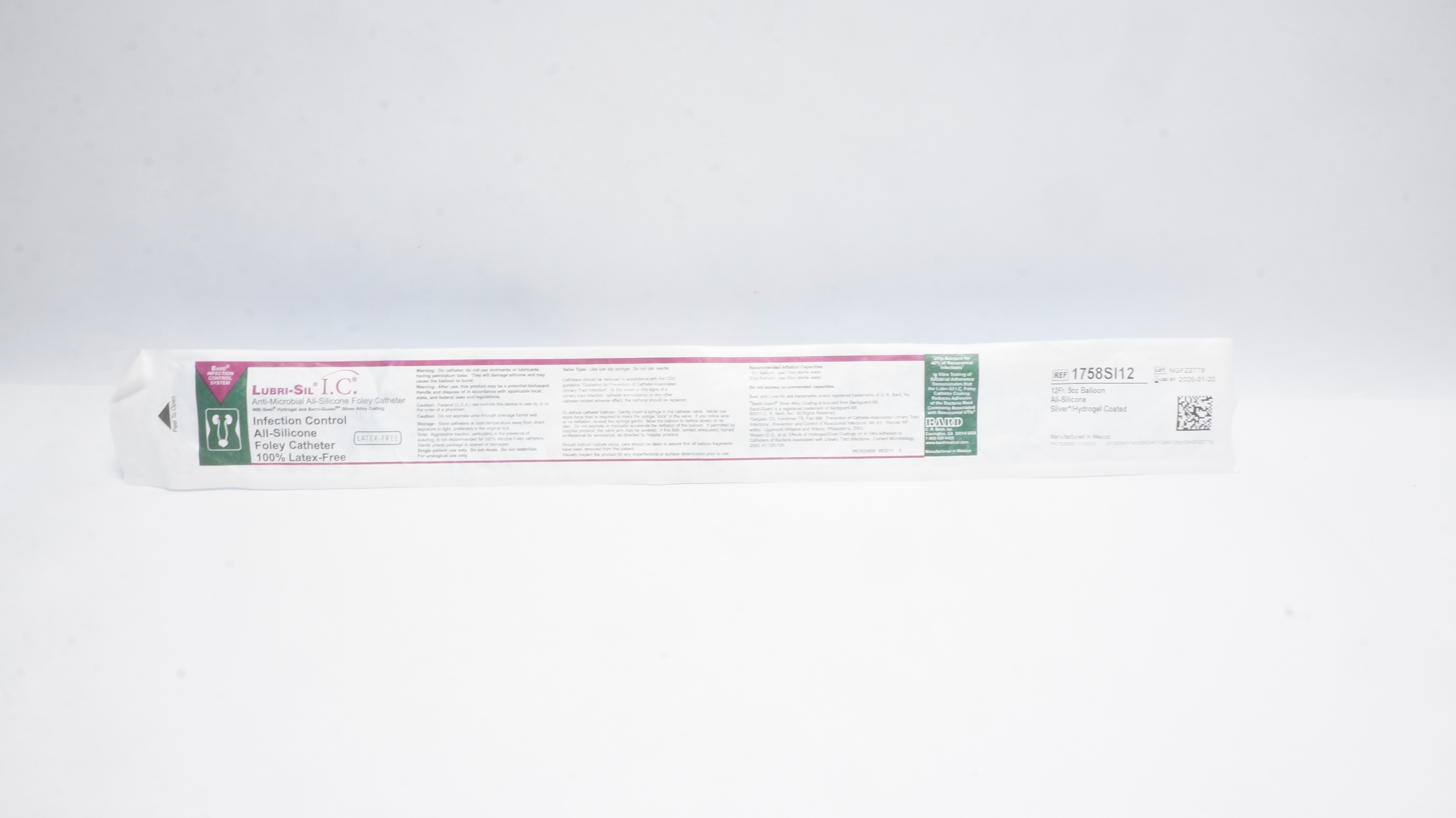 Bard 1758SI12 Lubri-Sil I.C. Anti-Microbial All-Silicone Foley Cath. 12Fr (x)
